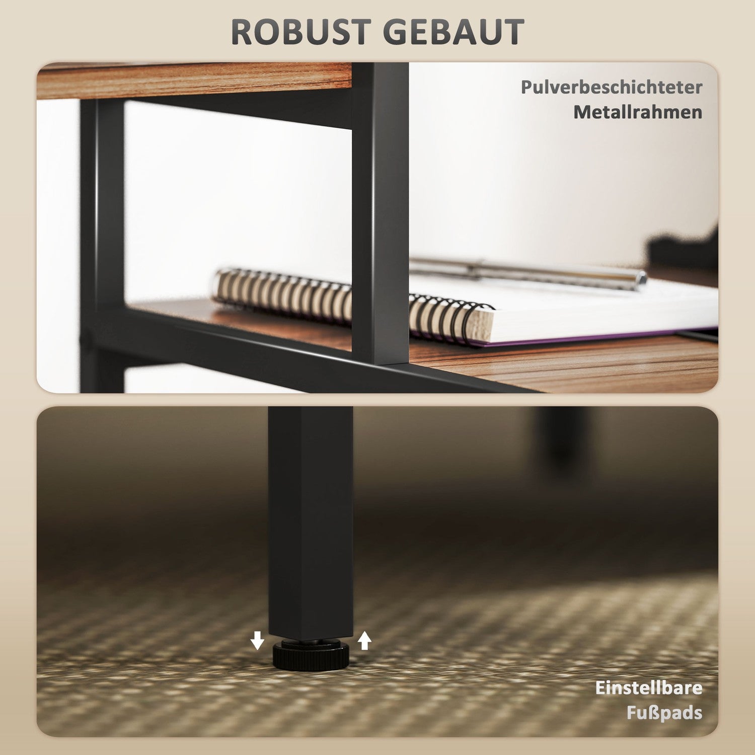 Brunt skrivbord med bildskärm och CPU-stativ, 4 hyllplan – 150x48x125 cm