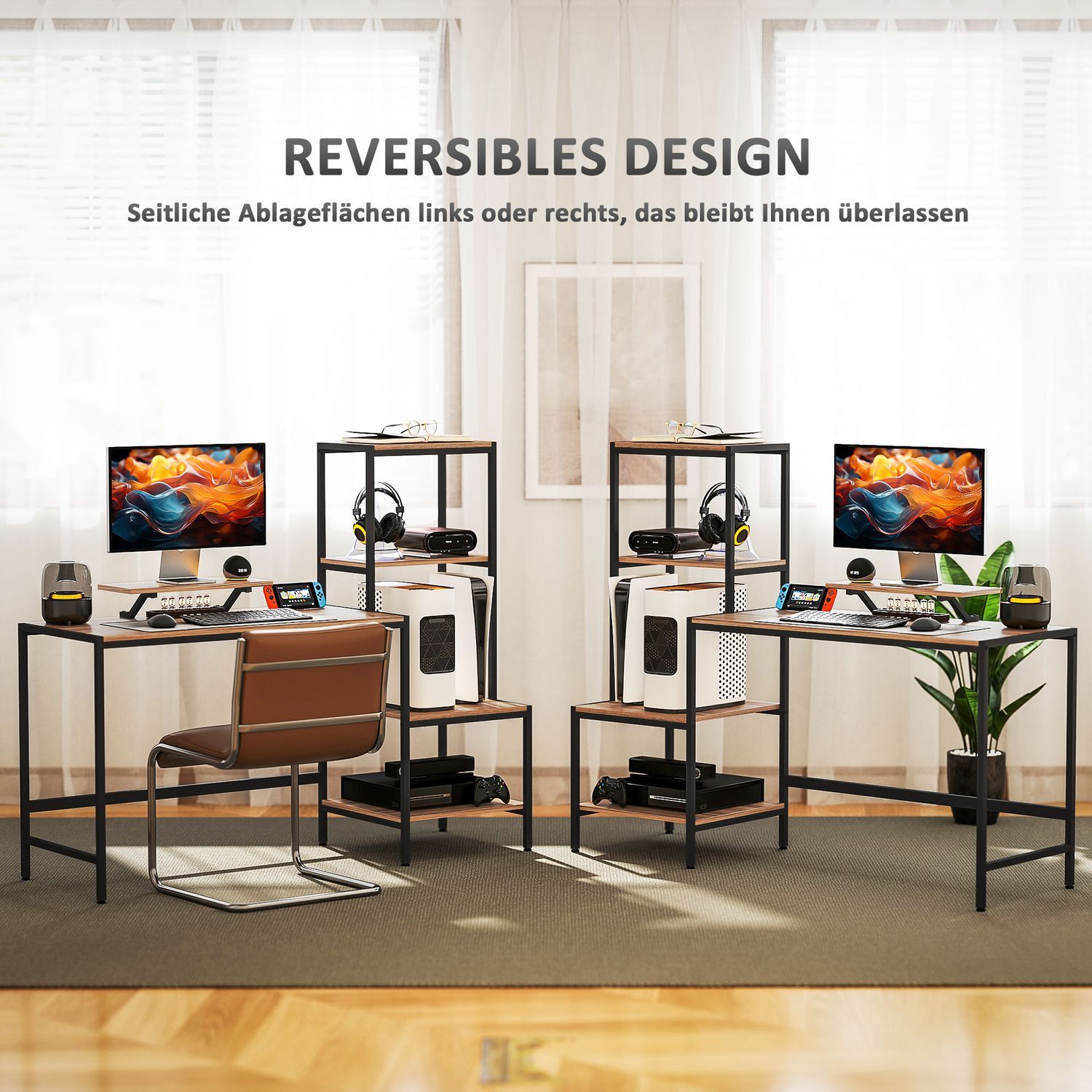 Brunt skrivbord med bildskärm och CPU-stativ, 4 hyllplan – 150x48x125 cm