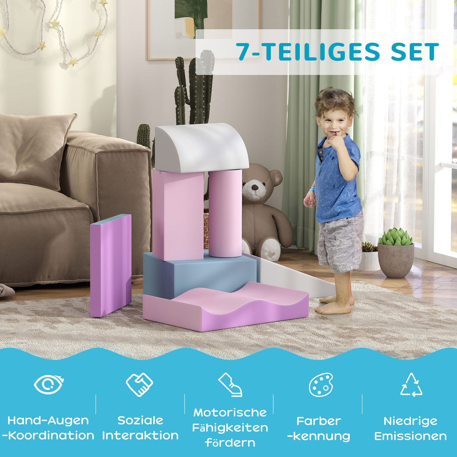 Byggklossar i mjukt konstläderskum för småbarn, 7-delat set