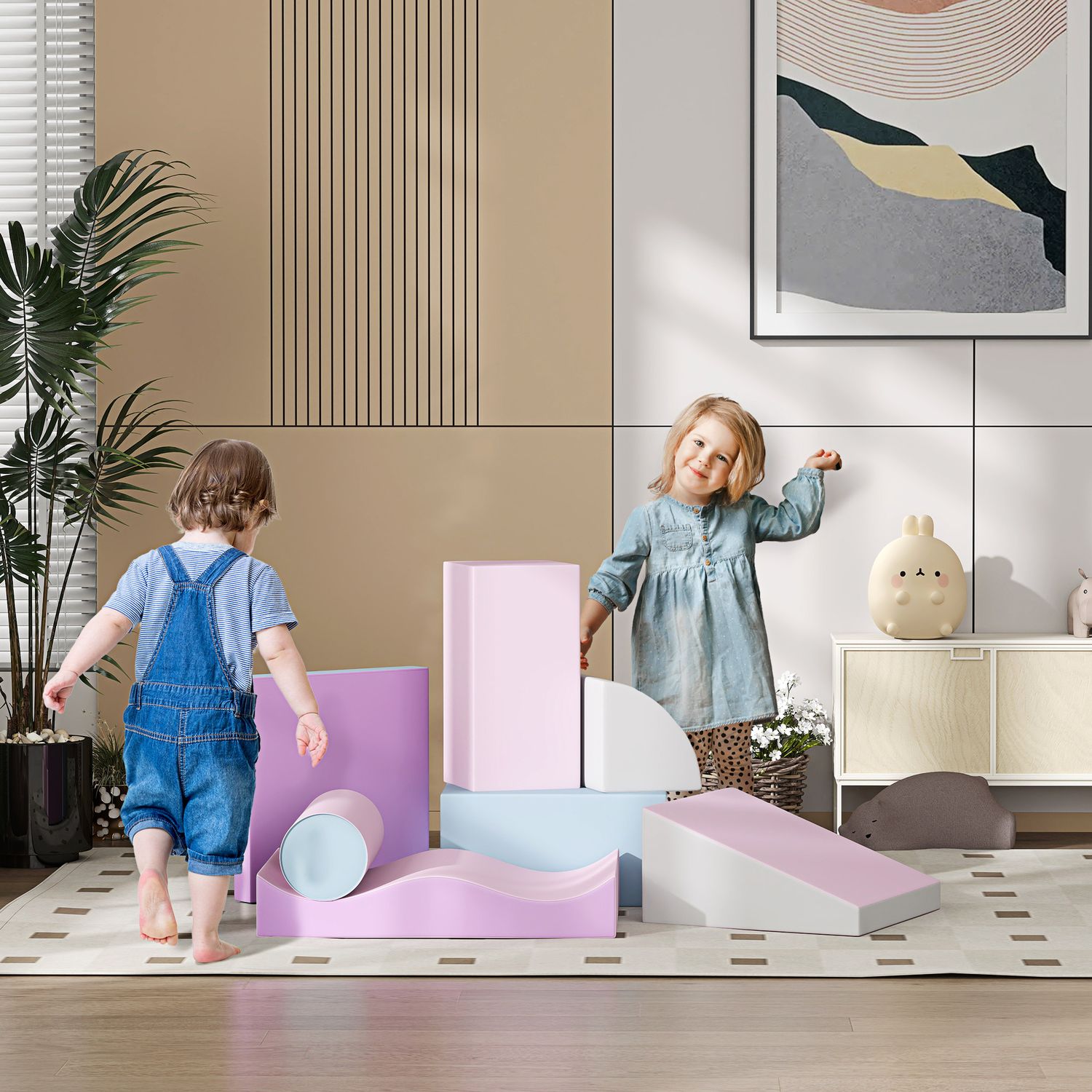 Byggklossar i mjukt konstläderskum för småbarn, 7-delat set