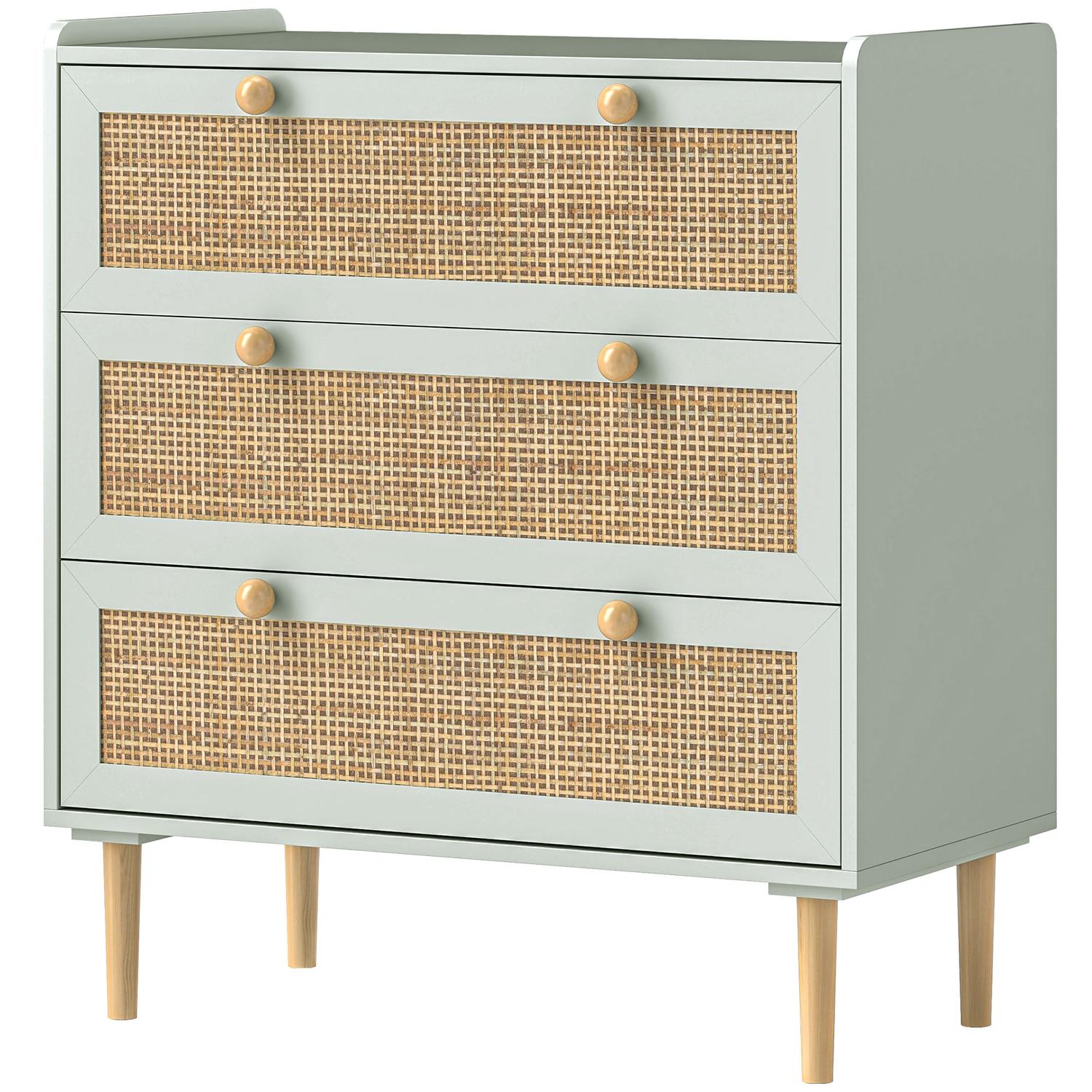 Boho Rattan byrå, 3-lådor skänk, ljusblå