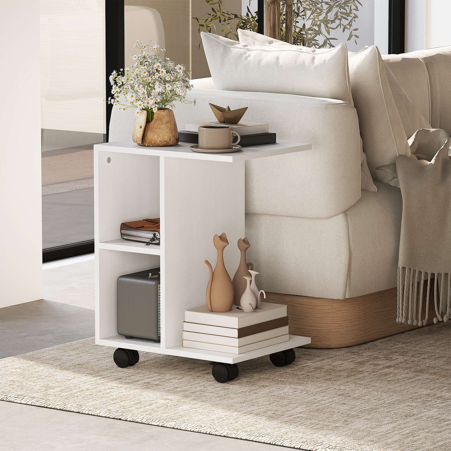 C Shape sidobord med hjul för små utrymmen, vit