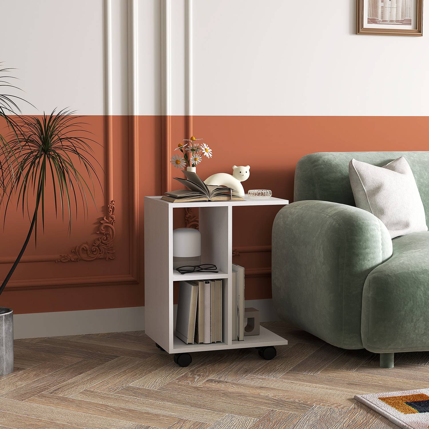 C Shape sidobord med hjul för små utrymmen, vit