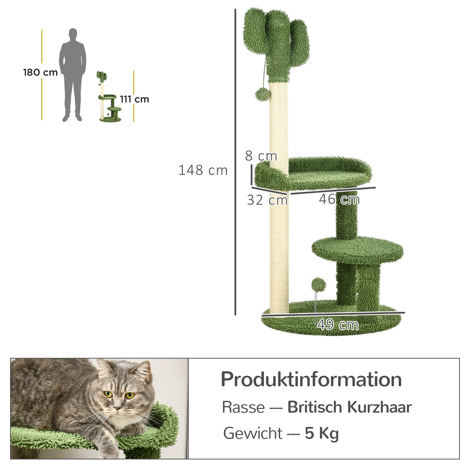 Skrapstolpe 111Cm Kattskrapstolpe Med 2 Våningar & Lekboll, För Katter Upp Till 10 Kg, Sisal, Grön