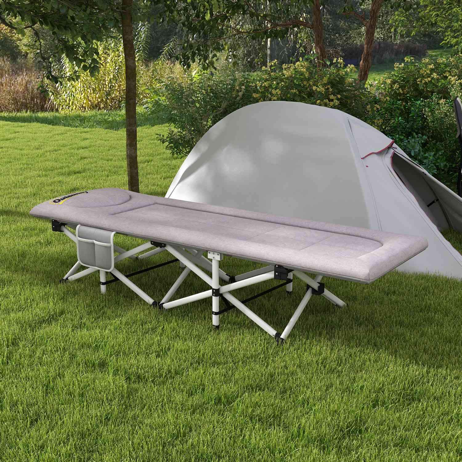 Tältsäng, Hopfällbar Campingsäng Med Förvaringsväska, Campingsäng Med Bärväska, Lastkapacitet Upp Till 200 Kg, Oxford, Grå, 200 X 65 X 42 Cm