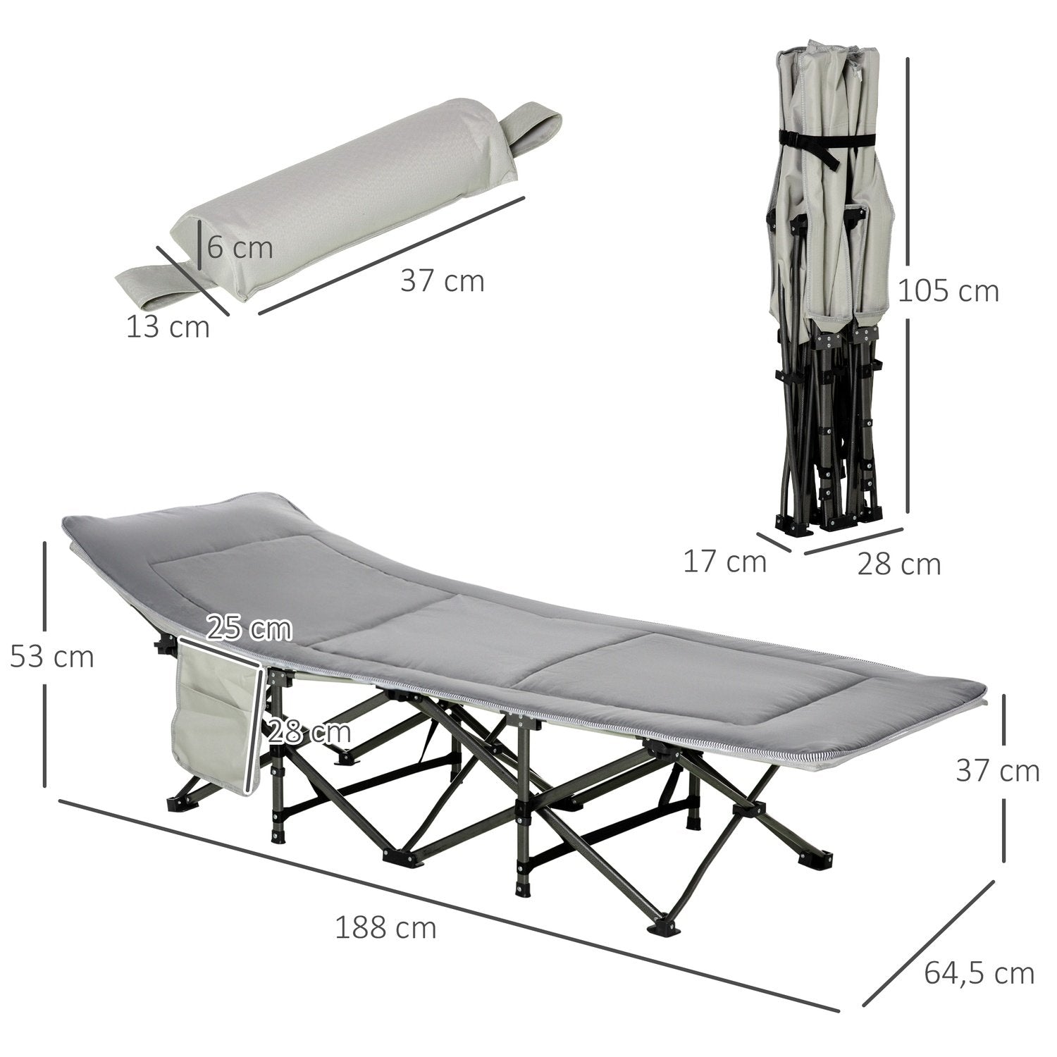 Campingsäng, Tältsäng, Hopfällbar Säng Med Kudde, Sidficka, Madrass, Ljusgrå, Upp Till 150 Kg