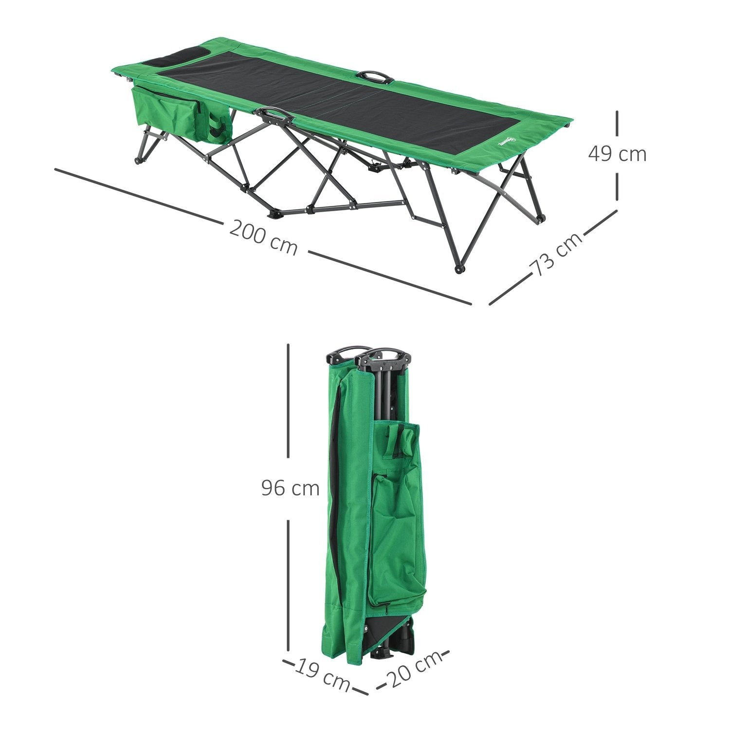 Campingsäng, Tältsäng, Hopfällbar Säng Med Sidficka, Dryckeshållare, Lastkapacitet Upp Till 136 Kg, Stål Oxford Grön + Svart, 200 X 73 X 49 Cm