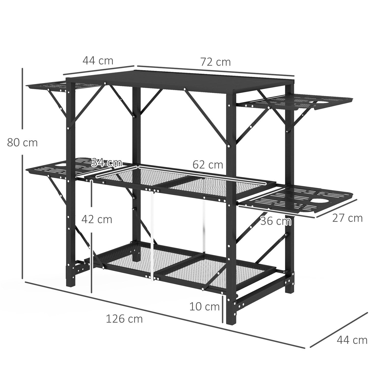 Campingbord Hopfällbart Camping Köksbord Med 2 Hyllor 4 Sidobord Picknickbord Med Mugghållarväska För Bbq Metall Svart