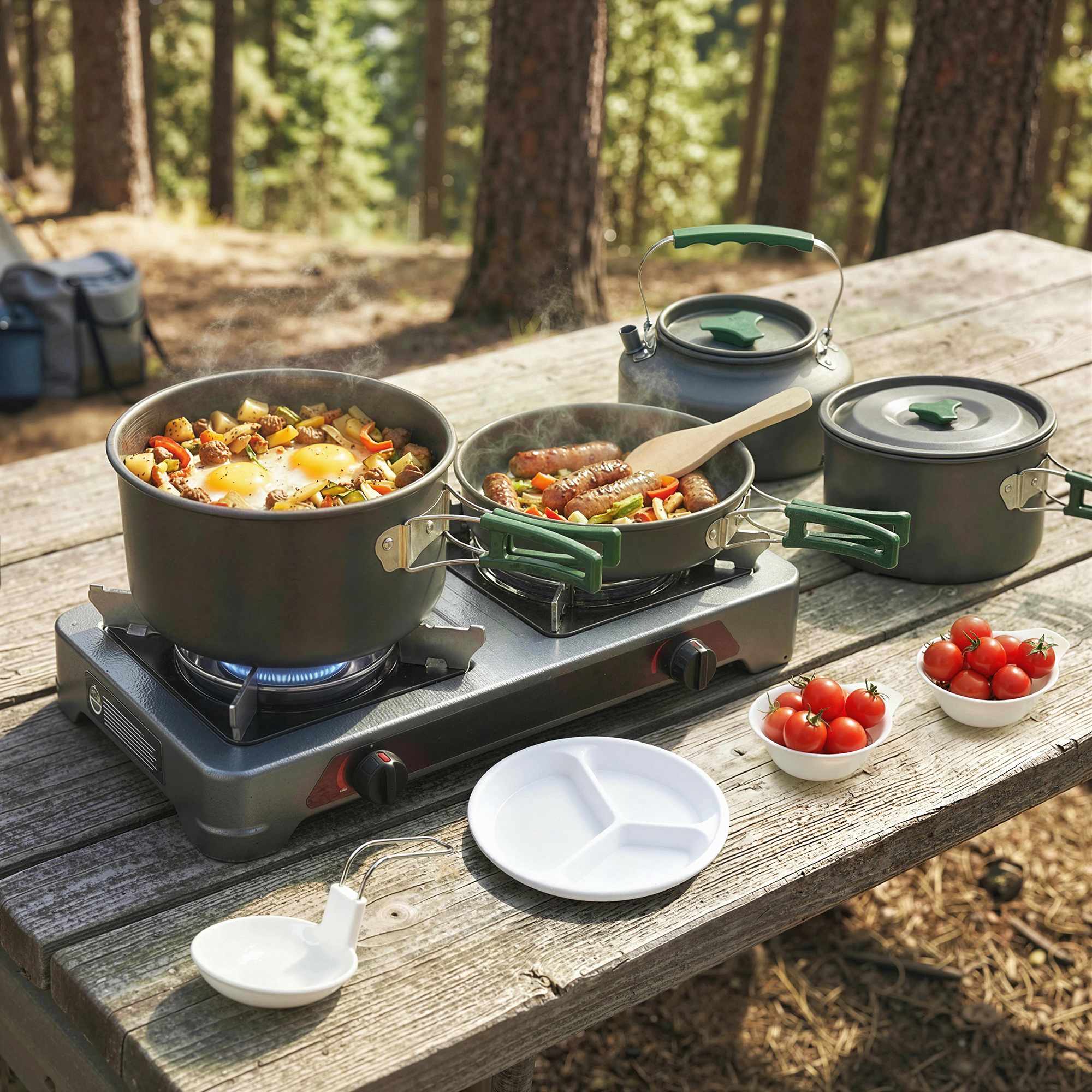 Campingkokkärlsset, 5 delar, skållningssäkra handtag, grå