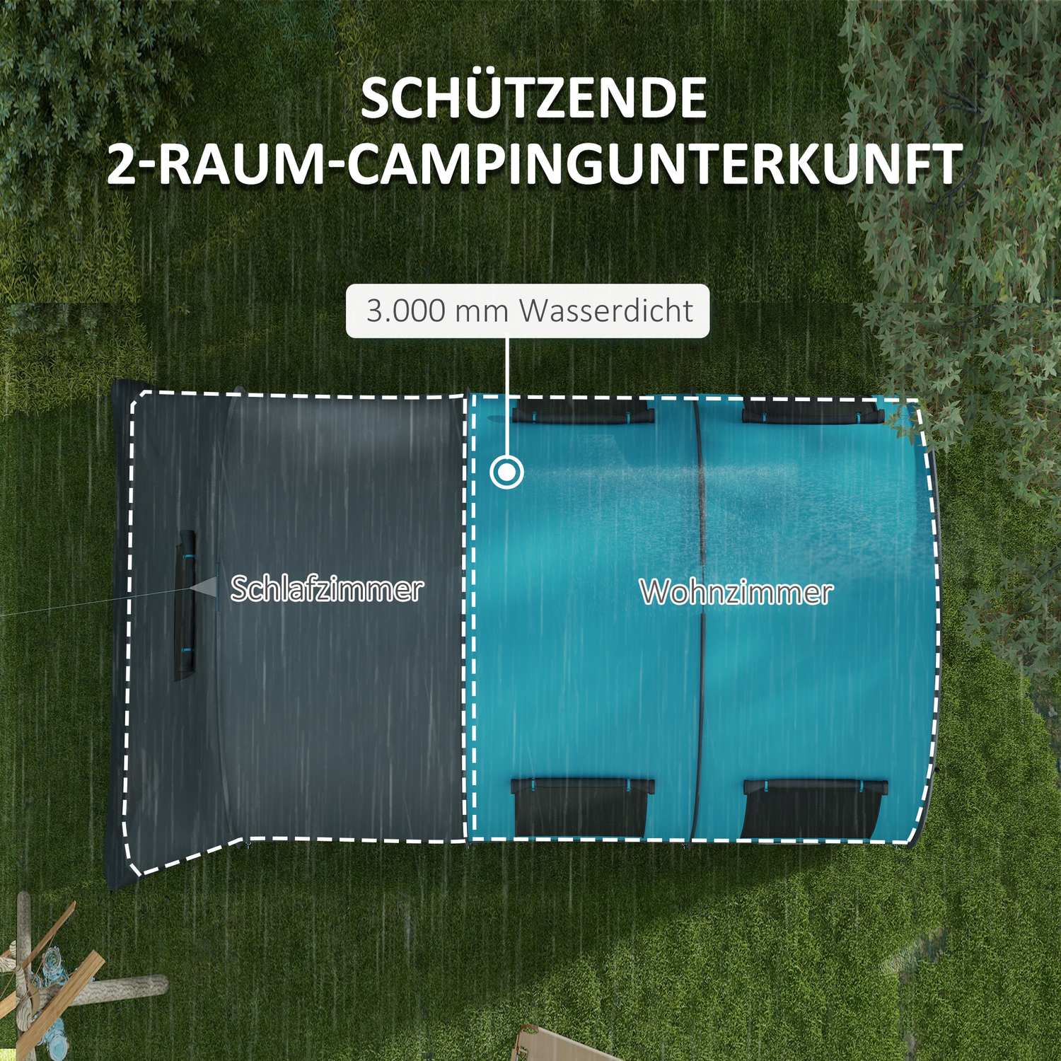 Campingtält för 6 – 2 rum, ljust, 3000 mm grått