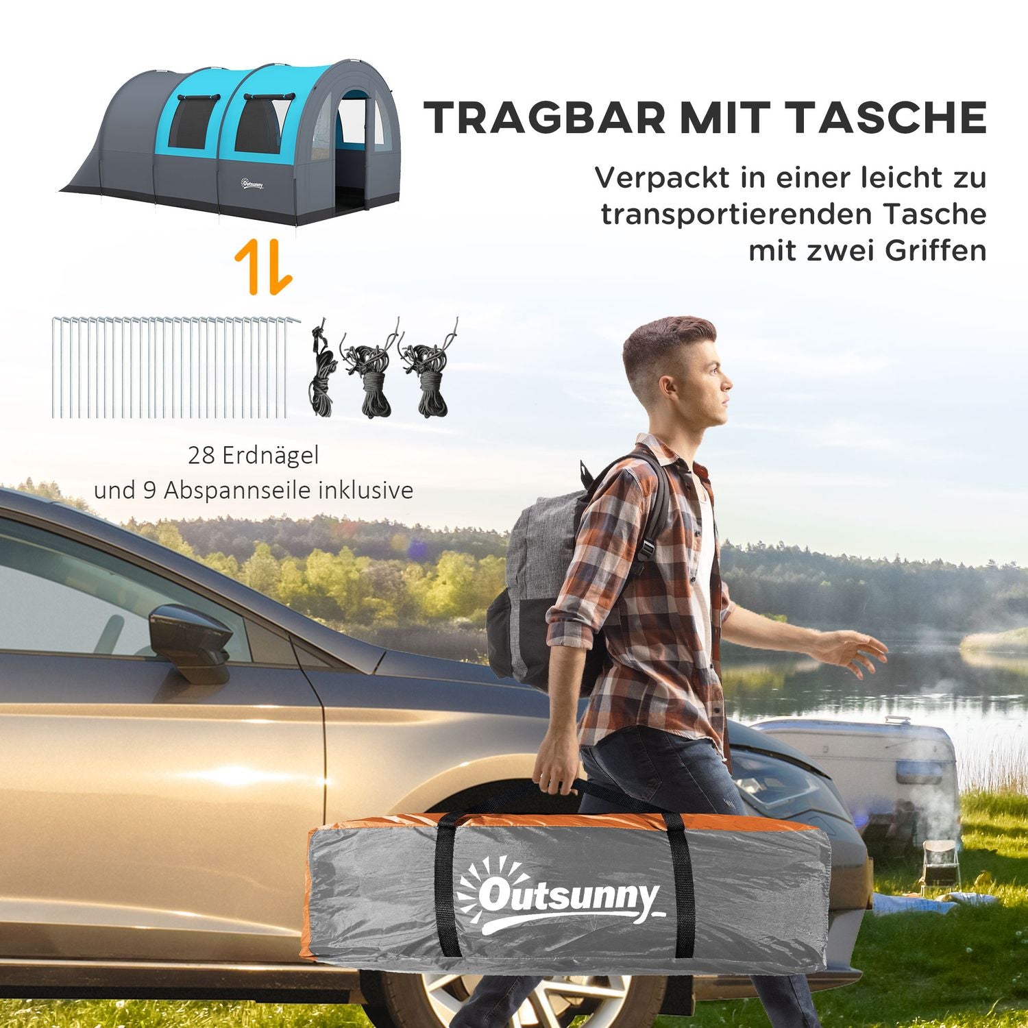 Campingtält för 6 – 2 rum, ljust, 3000 mm grått