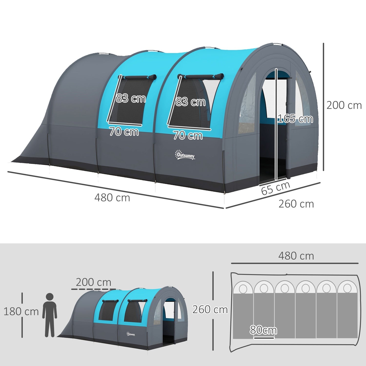 Campingtält för 6 – 2 rum, ljust, 3000 mm grått