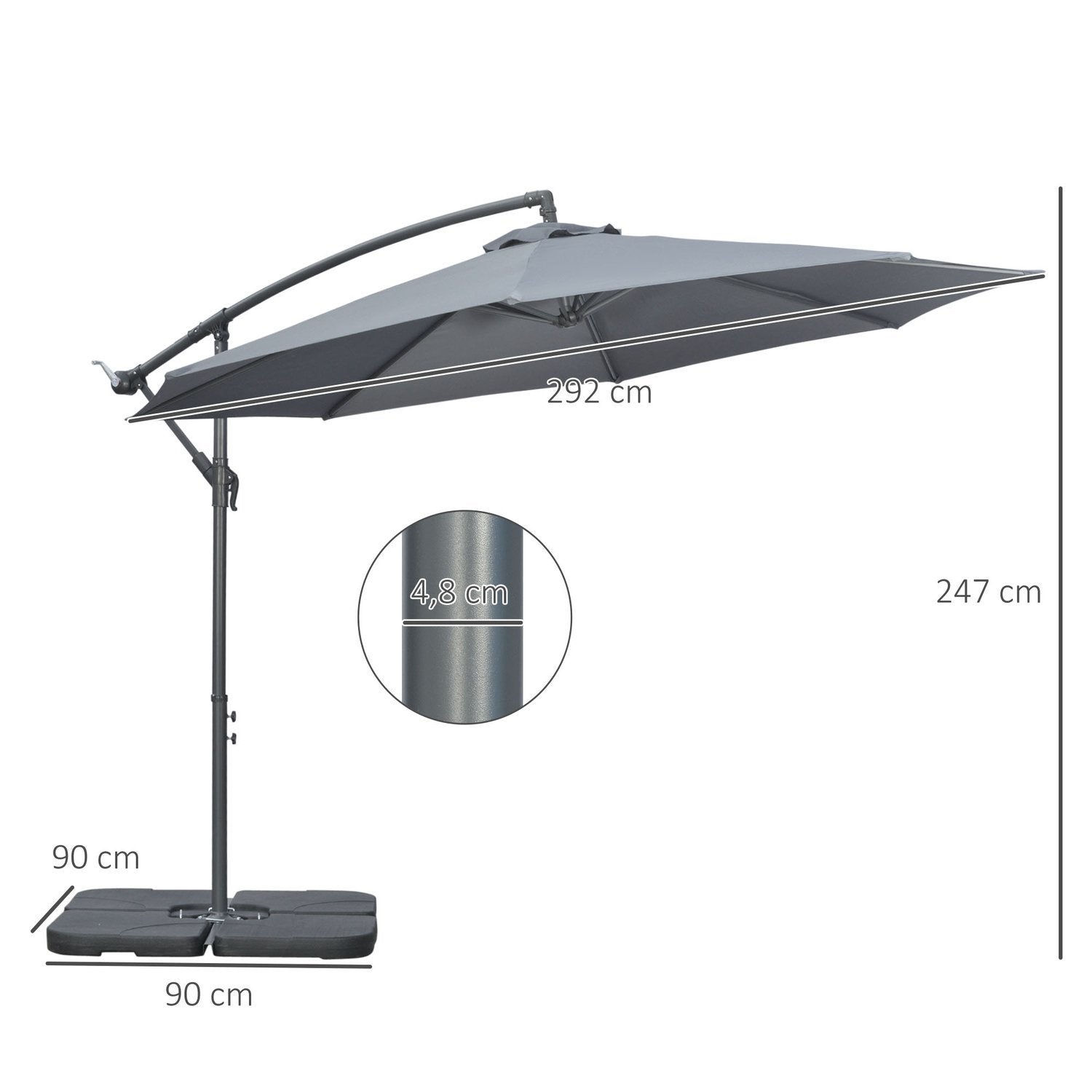 Cantilever Paraply, Ø2,92 M Parasoll Med Handvev, Vikter, Trädgårdsparaply Med Paraply Cover, Cross Base, Stål, Oxford Dark Grey