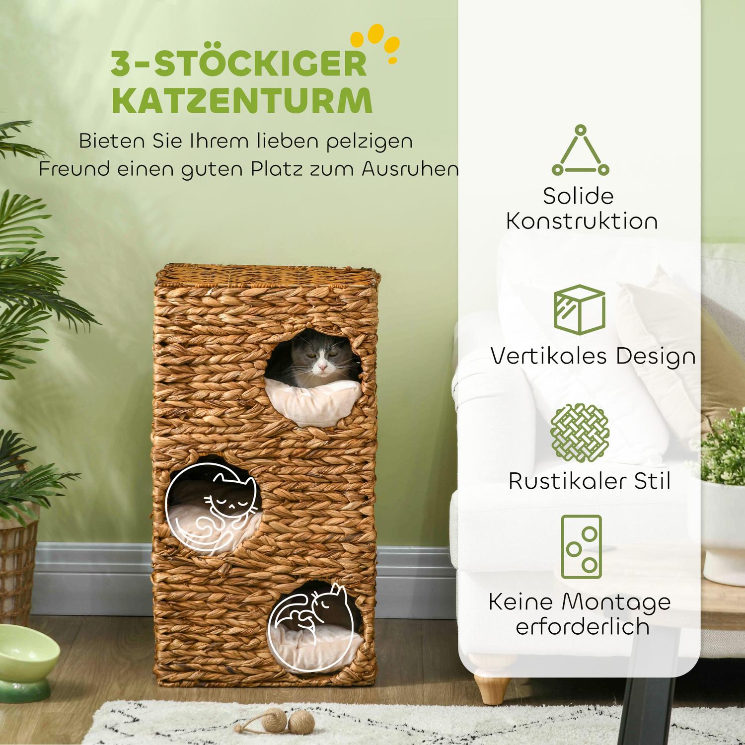 Cat Barrel Tower, 76 cm, 3 grottor, vattenhyacint, ljusbrun