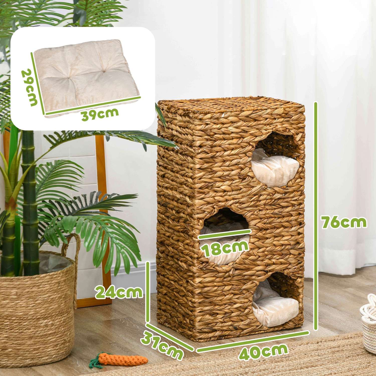 Cat Barrel Tower, 76 cm, 3 grottor, vattenhyacint, ljusbrun