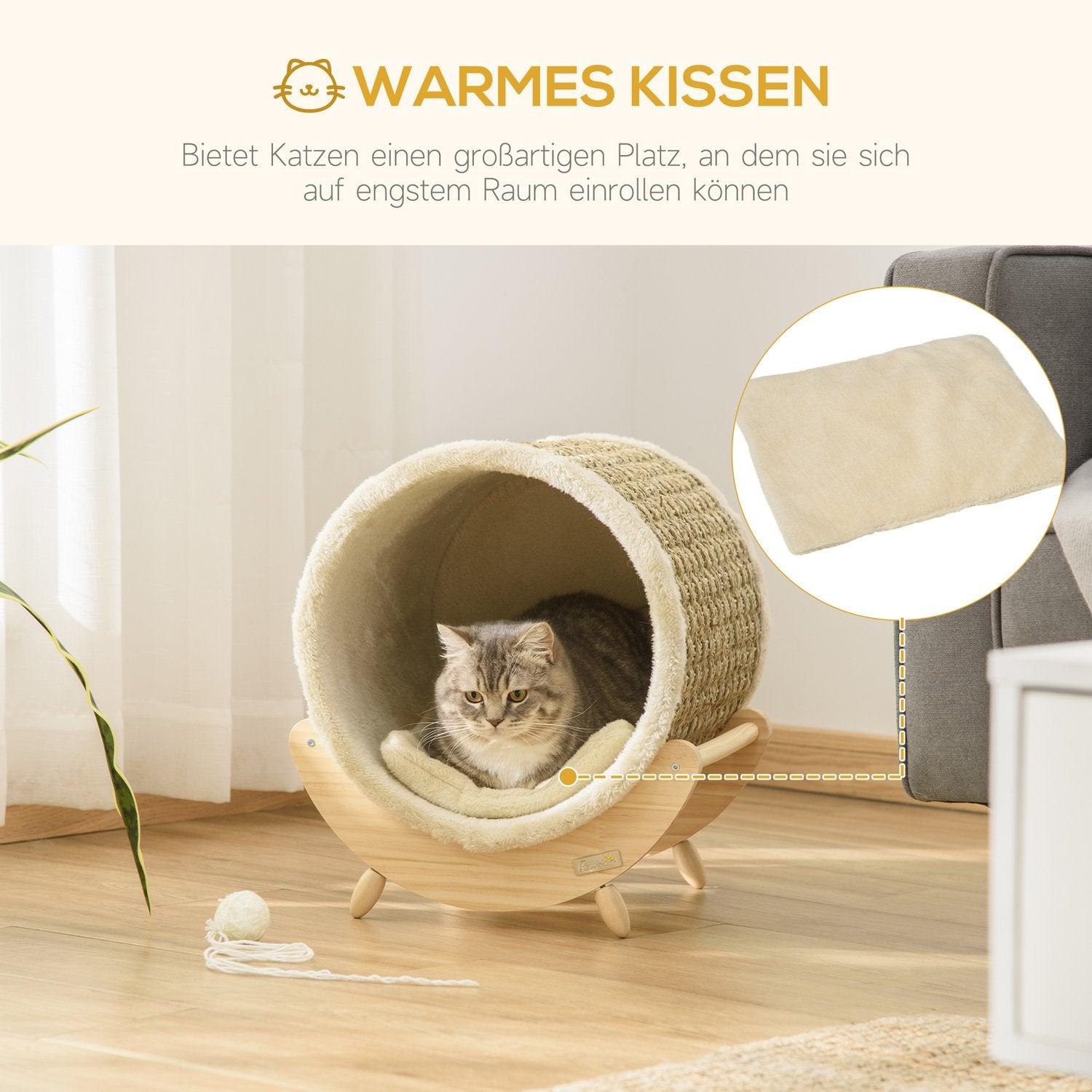 Cat Cave Bed med skrapdyna, furu, flanell