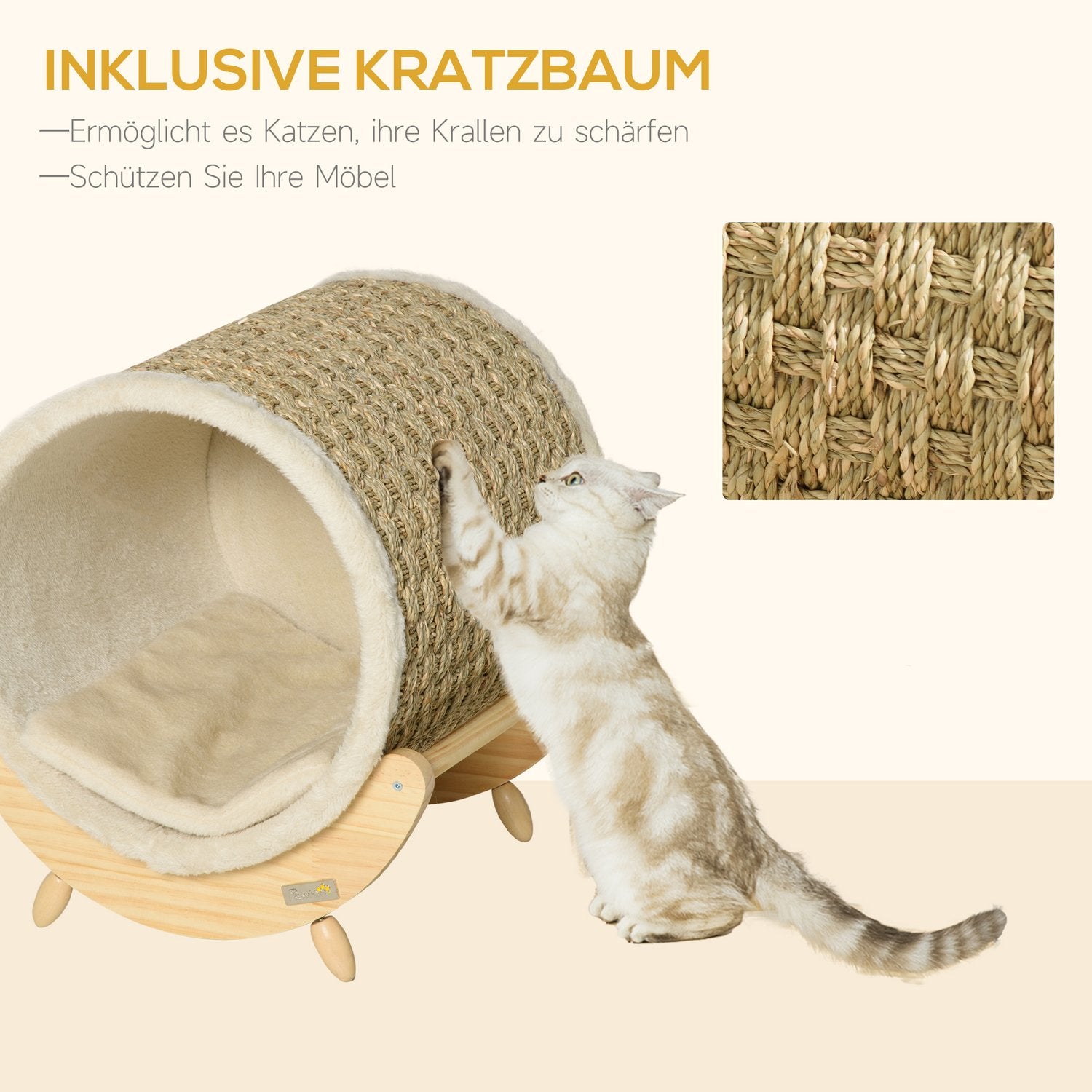 Cat Cave Bed med skrapdyna, furu, flanell