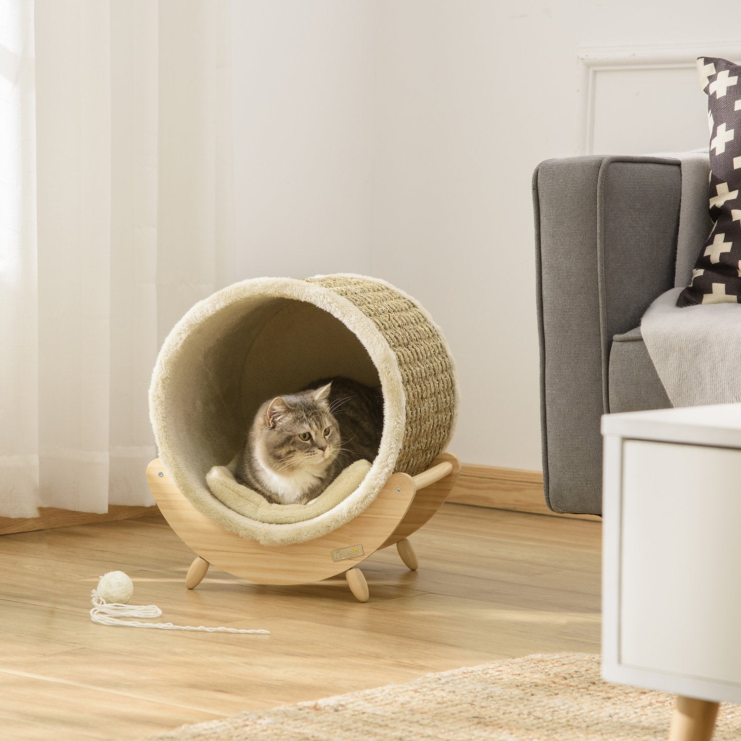 Cat Cave Bed med skrapdyna, furu, flanell