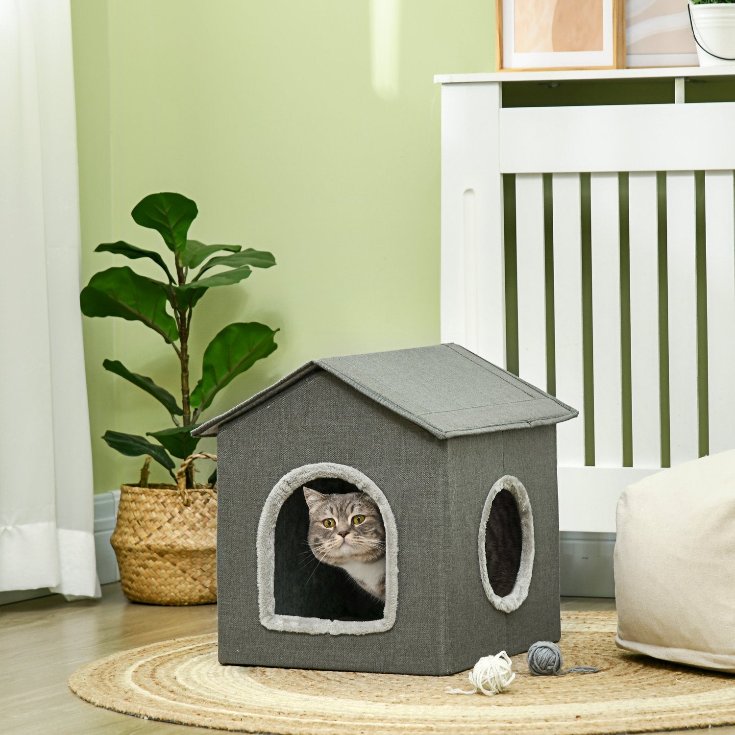 Cat Cave Bed, mysig grå polyester, rymmer katter upp till 5 kg