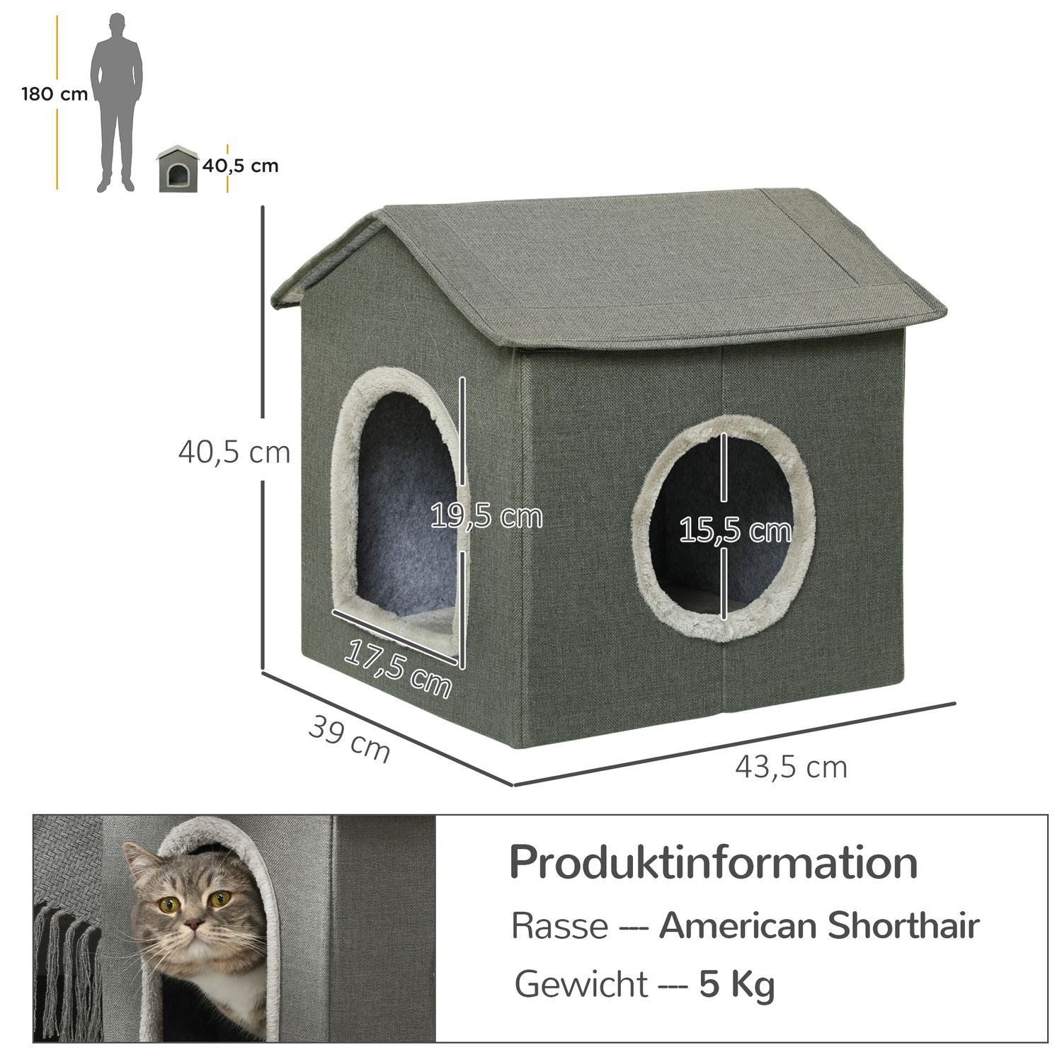 Cat Cave Bed, mysig grå polyester, rymmer katter upp till 5 kg