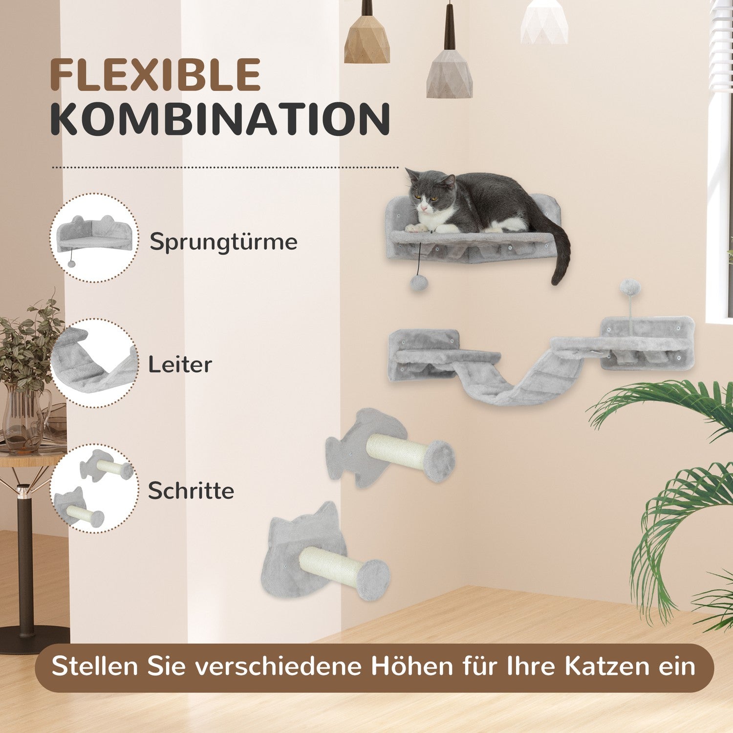 Cat Climbing Wall Set, 4-delat med trappsteg och sisalstolpar