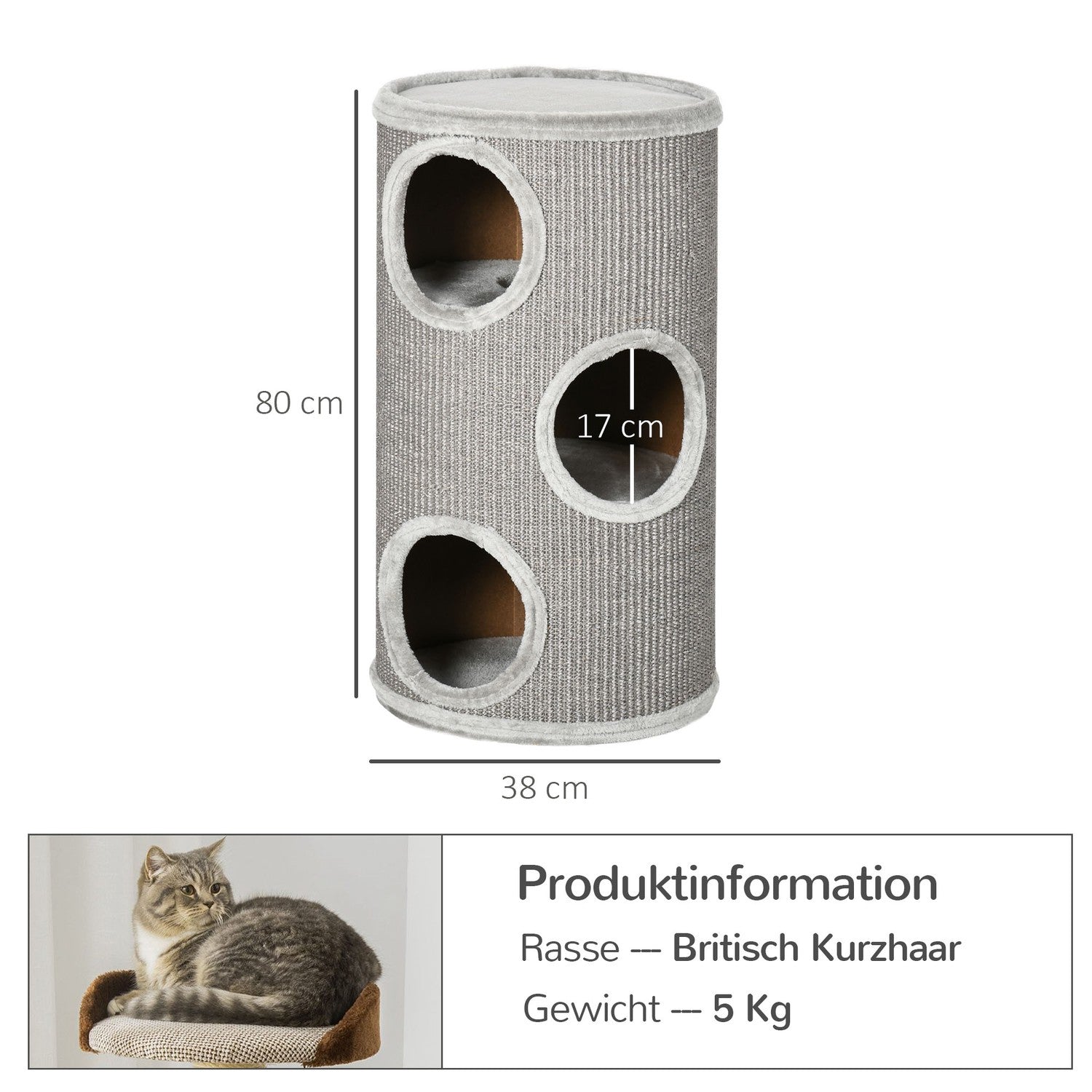 Cat Scratching Barrel med sisal & plysch, 3 grottor, ljusgrå