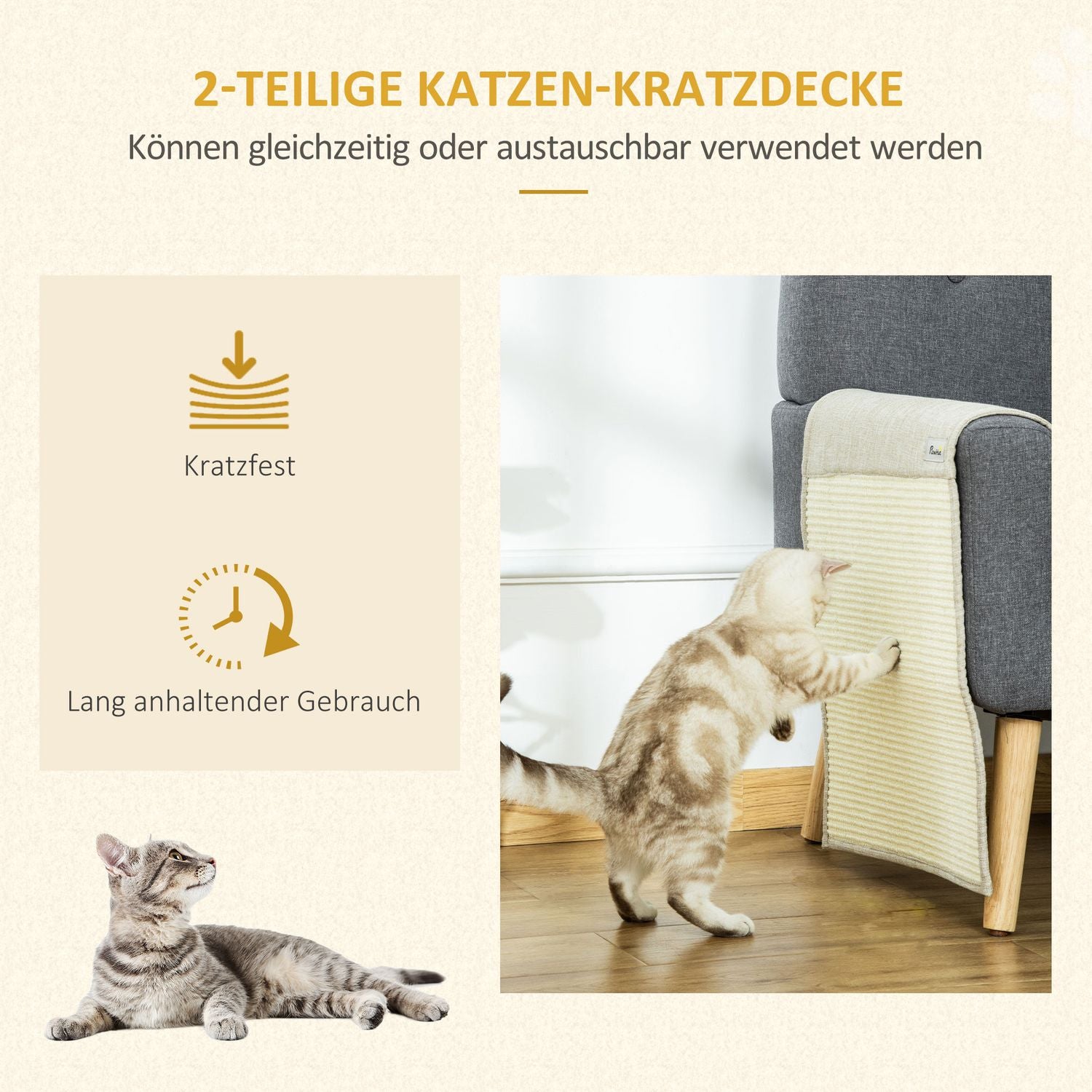 Cat Scratching Mat, Sisal Soffskyddsset – Beige/Grå
