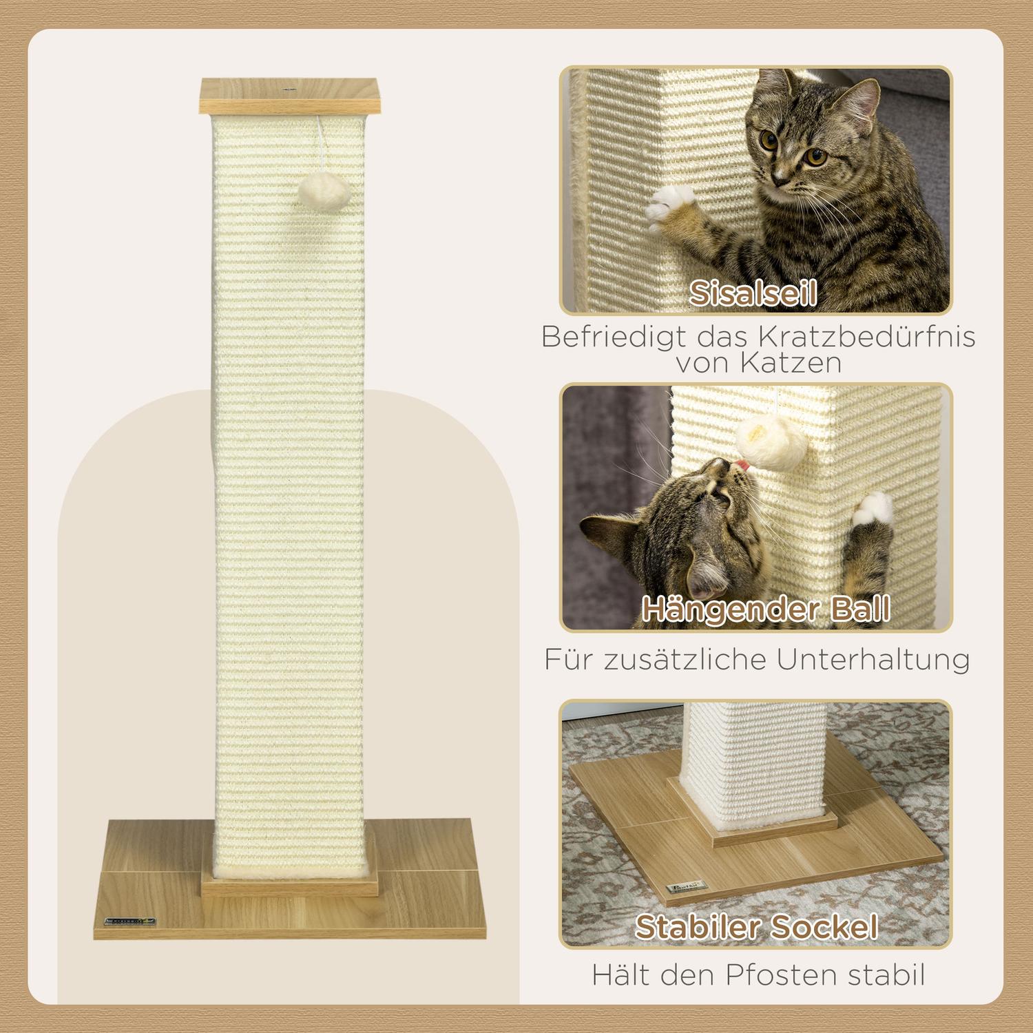 Cat Scratching Post 80cm – Sisal Rep, Play Ball, Ek/Cream