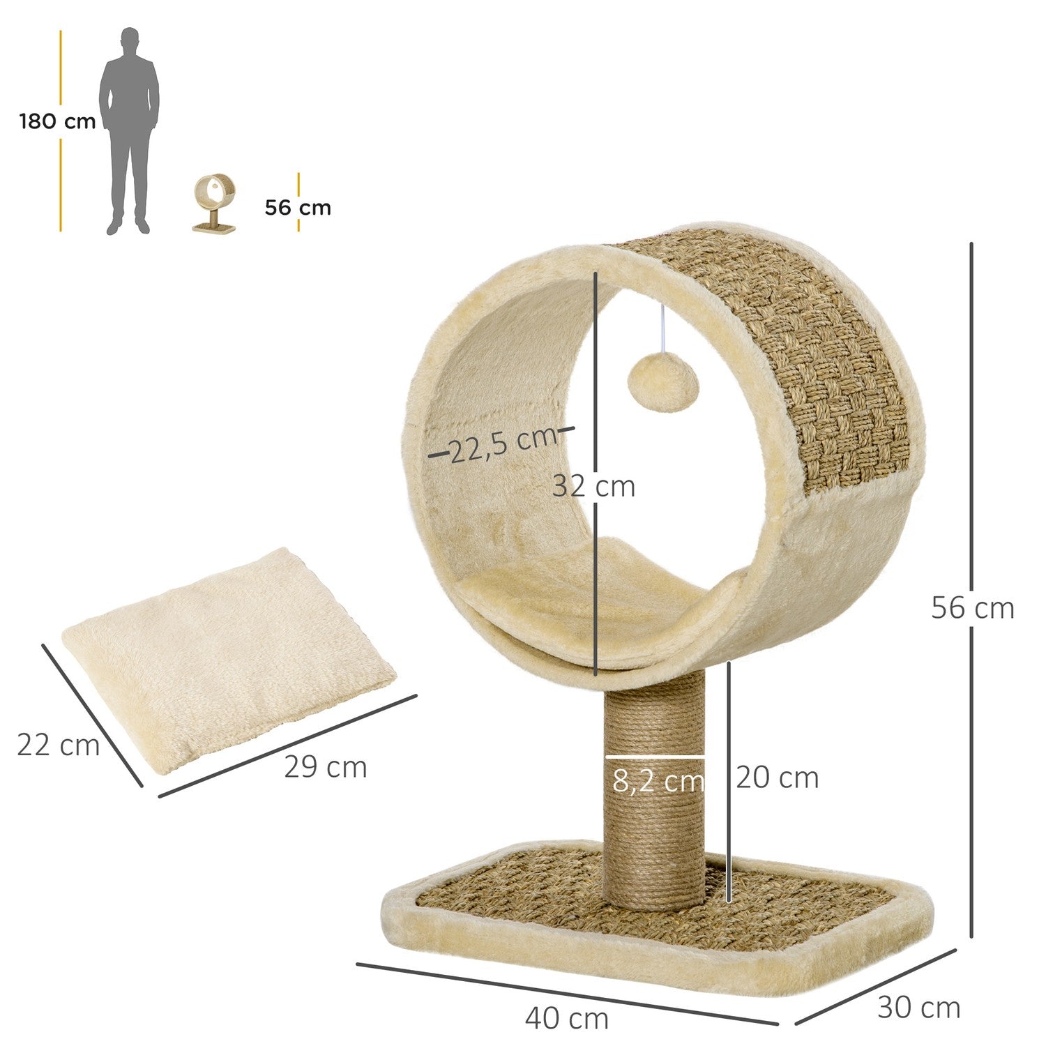 Kattskrapstolpe, jutestam, leksaker, kaki/brun, 40x30x56cm