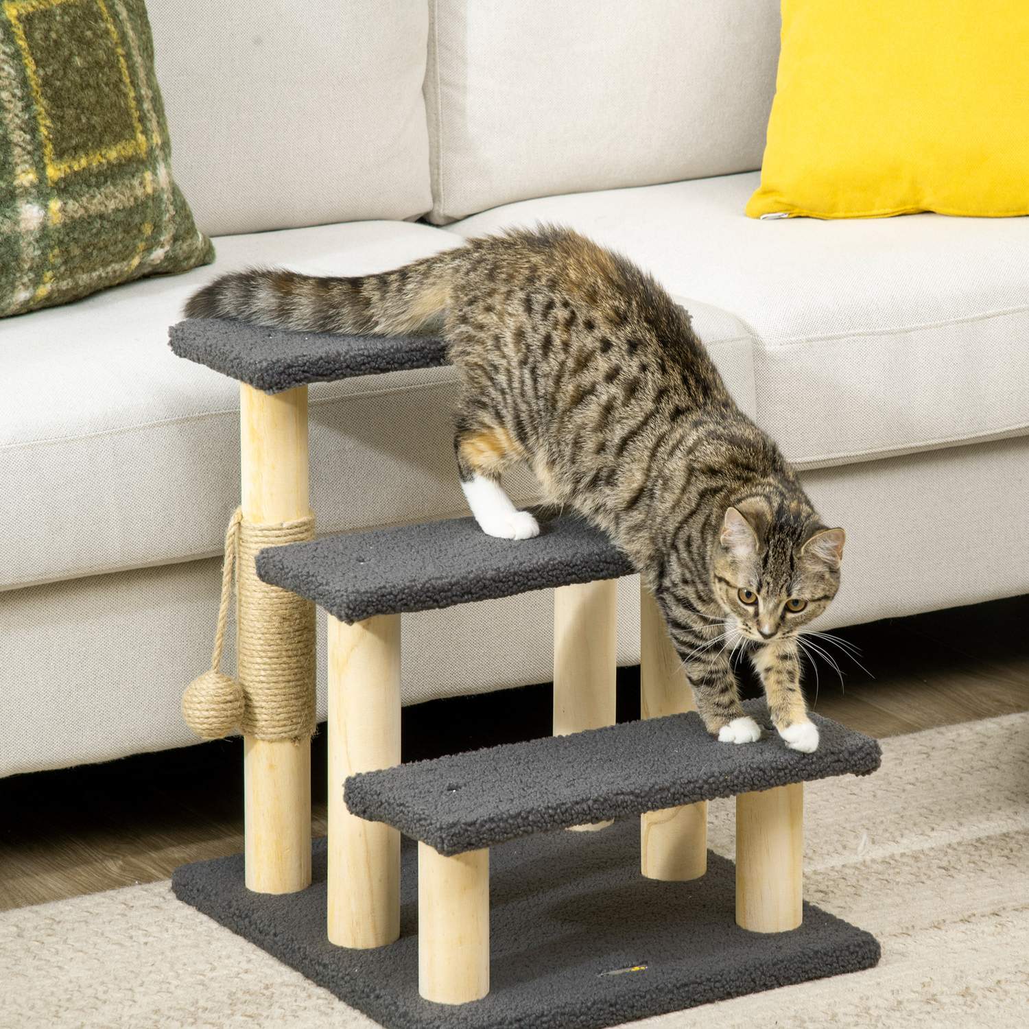 Cat Scratching Post med Sisal & Play Ball – Grå/Naturlig