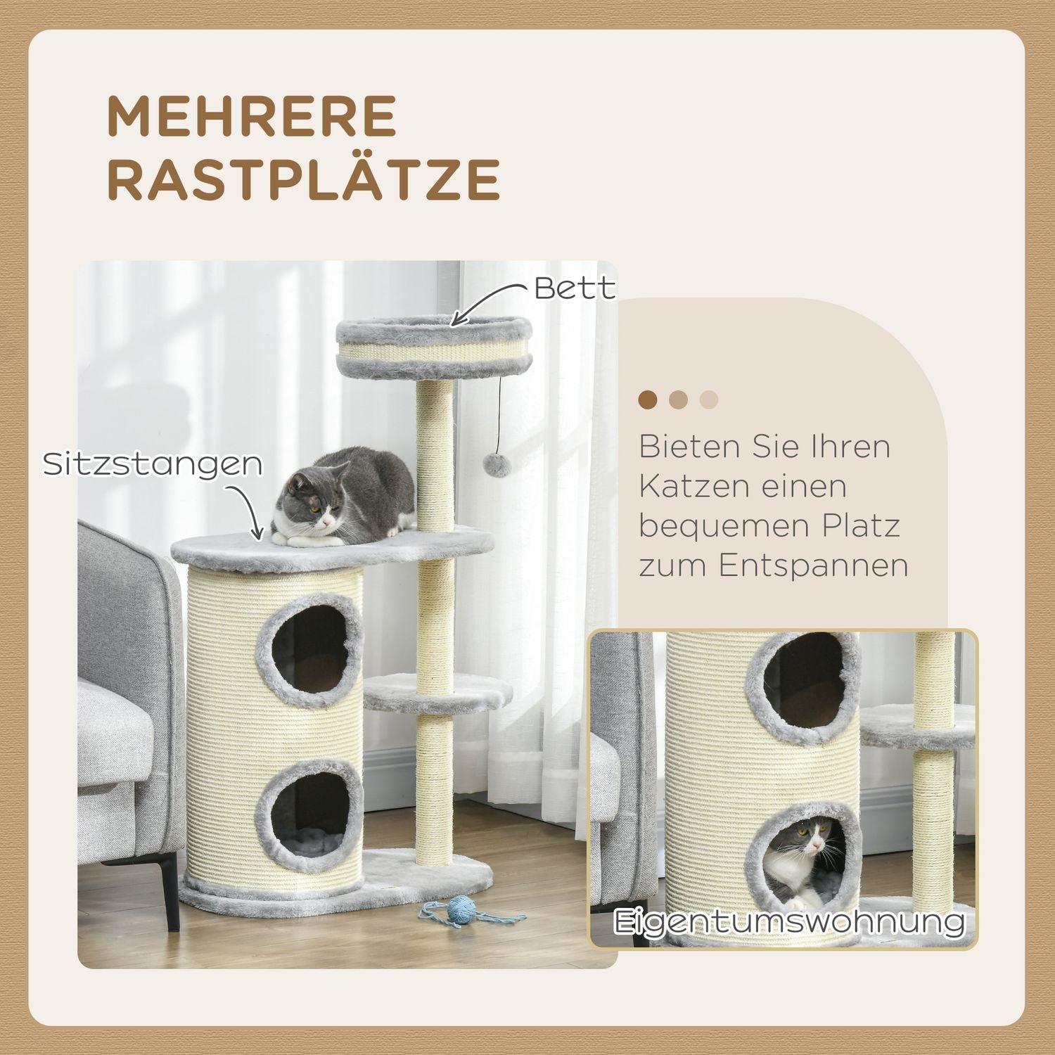 Cat Scratching Tower: 2 grottor, repstolpar, plysch, grå