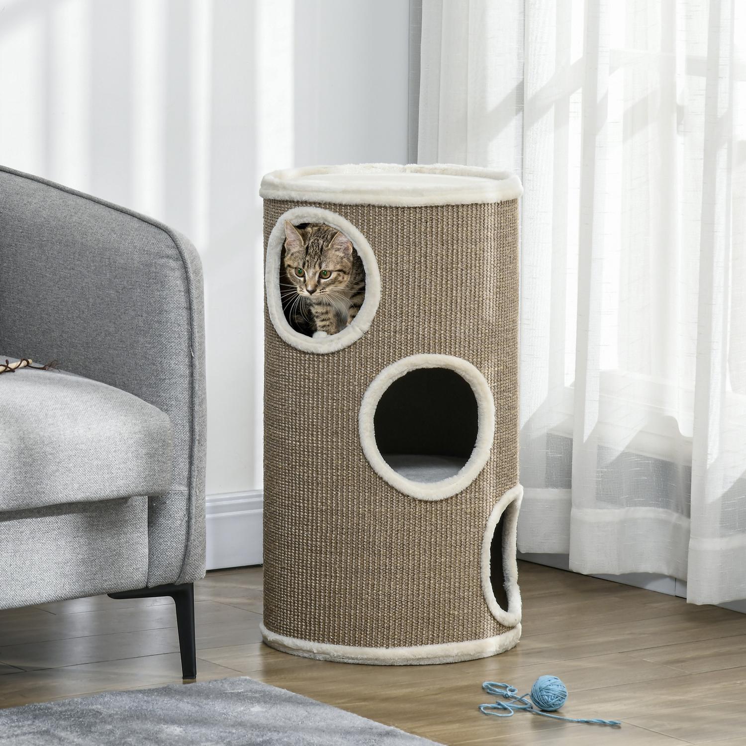 Cat Scratching Tower, 3 nivåer, sisal och plysch, 70 cm