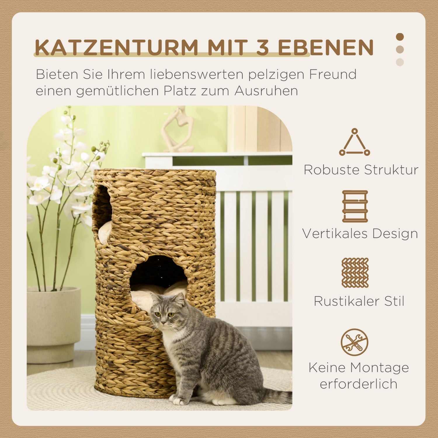Cat Tower med 3 nivåer, dämpad, 73 cm – Vattenhyacint
