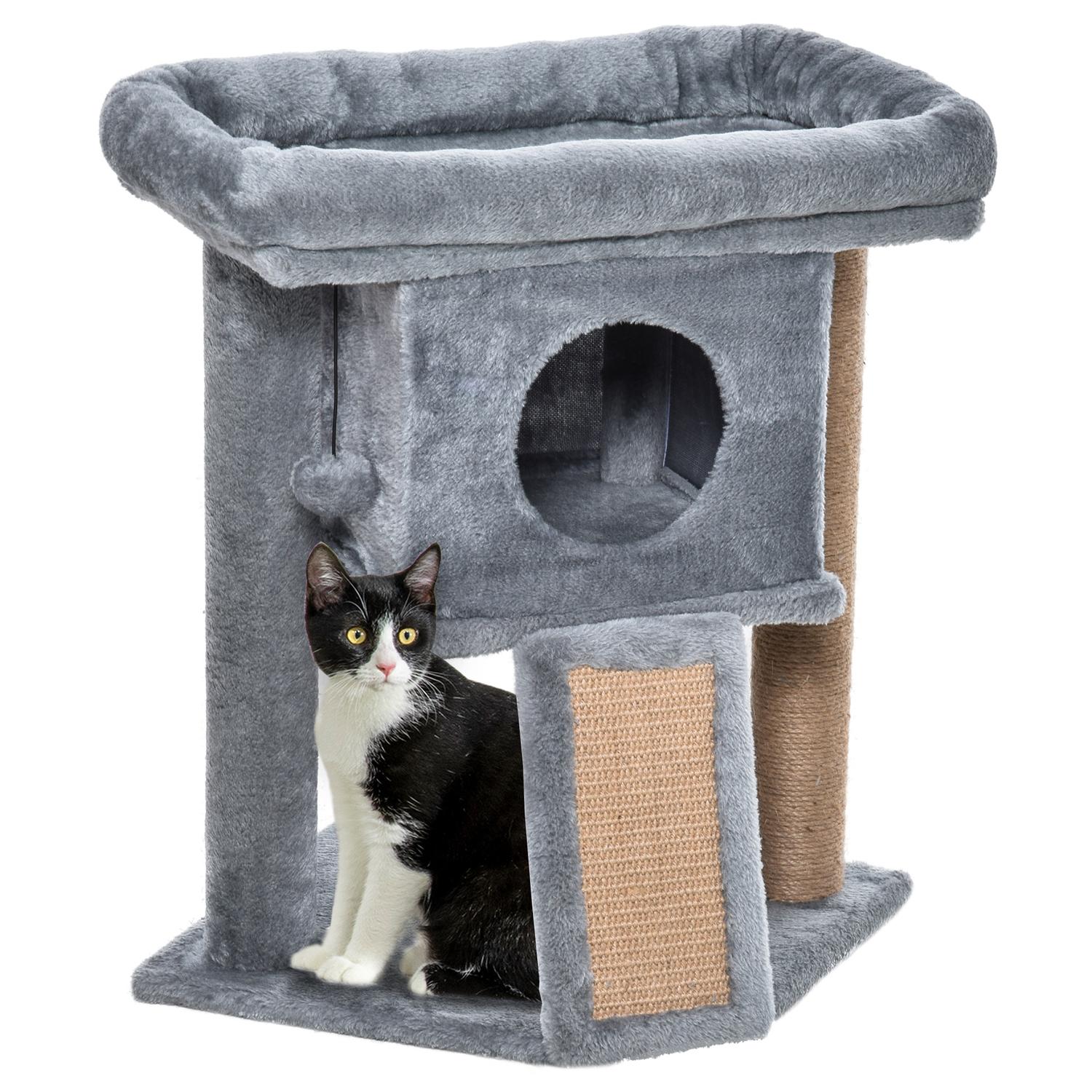 Kattträd med juteskrapsmatta och lekfunktioner, ljusgrå