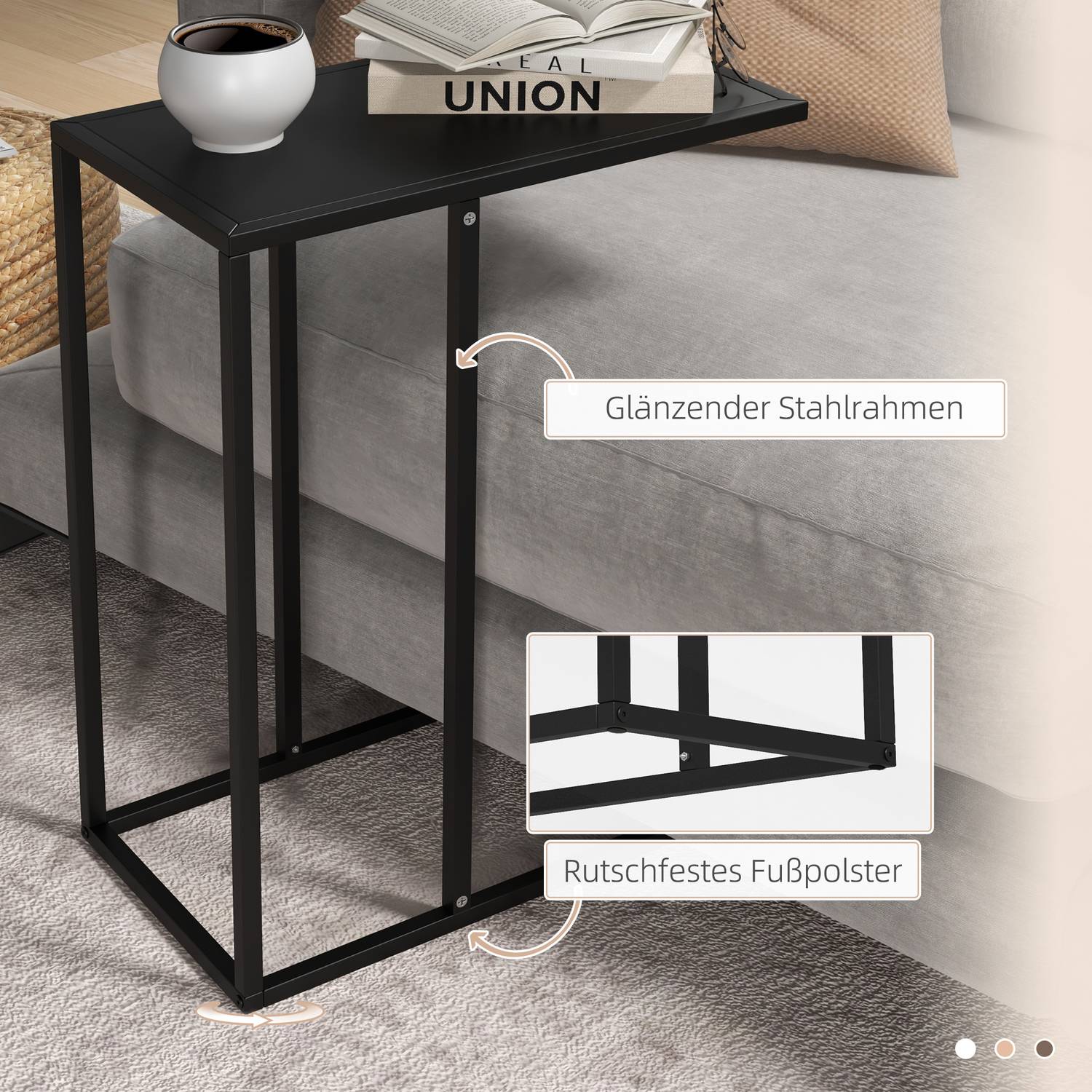 C-format sidobord – Stålram, sängbord och bärbar dator