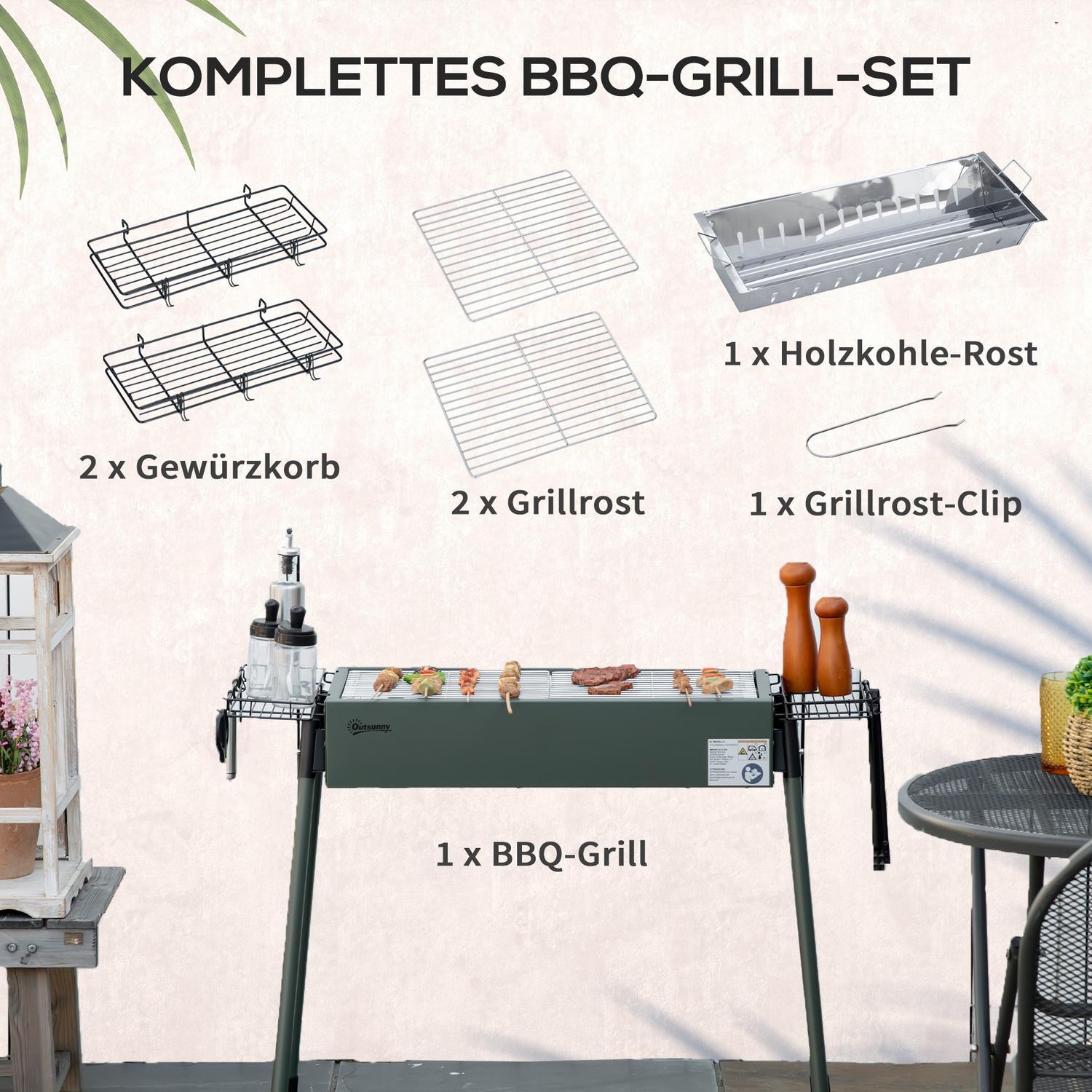 Kolgrill Campinggrill Med Grillgaller, Grillgallerklämma, Sidokorgar, Rostfritt Stål + Galvaniserad Metall, Mörkgrön