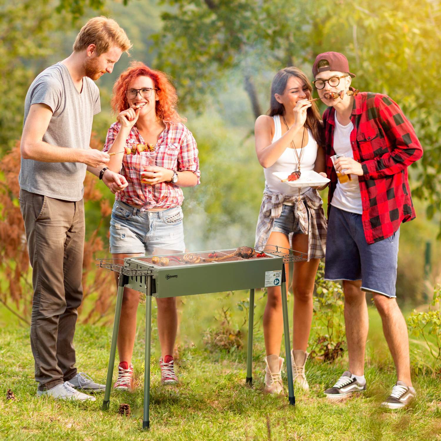 Kolgrill Campinggrill Med Grillgaller, Grillgallerklämma, Sidokorgar, Rostfritt Stål + Galvaniserad Metall, Mörkgrön