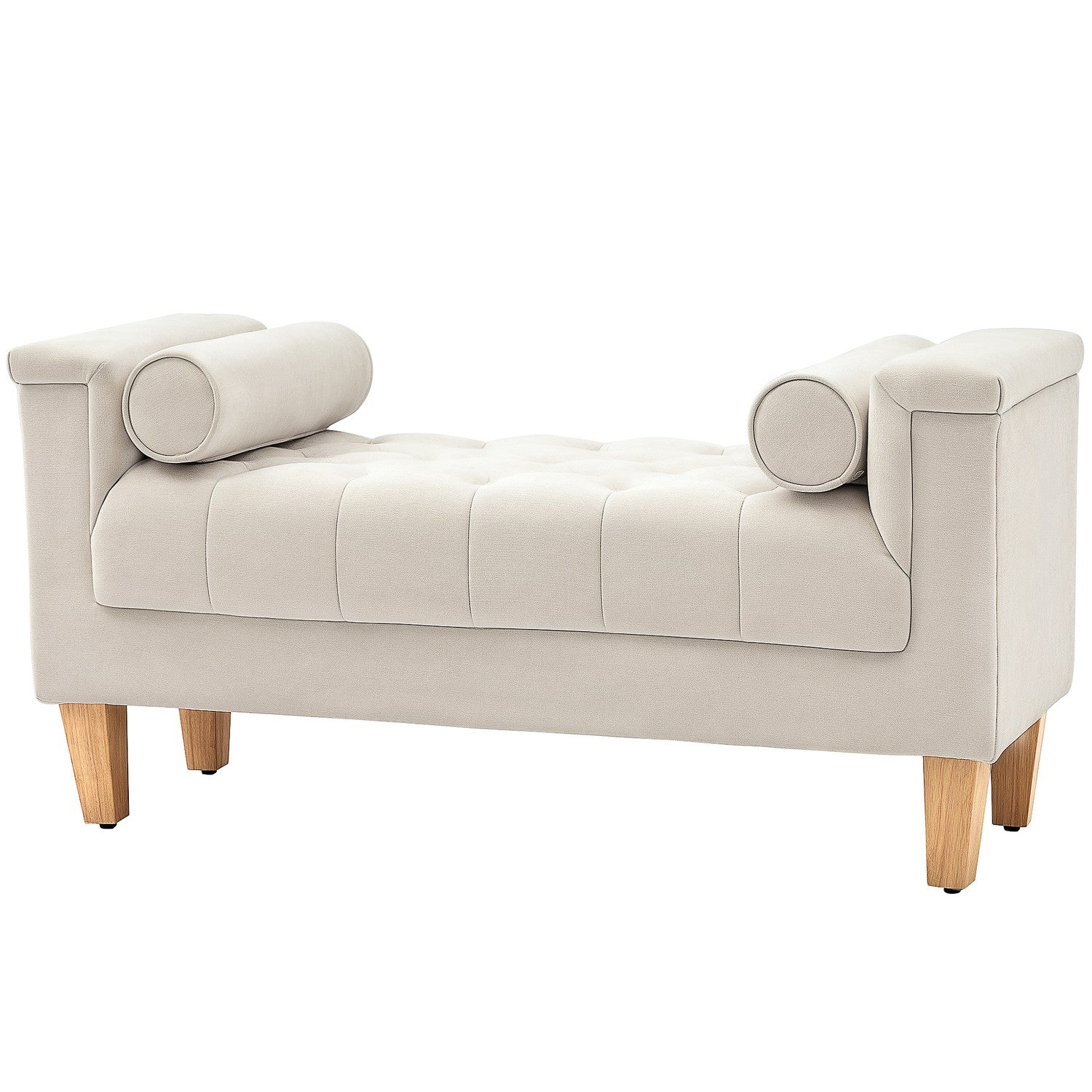 Chenille klädd bänk med armstöd och kuddar, beige