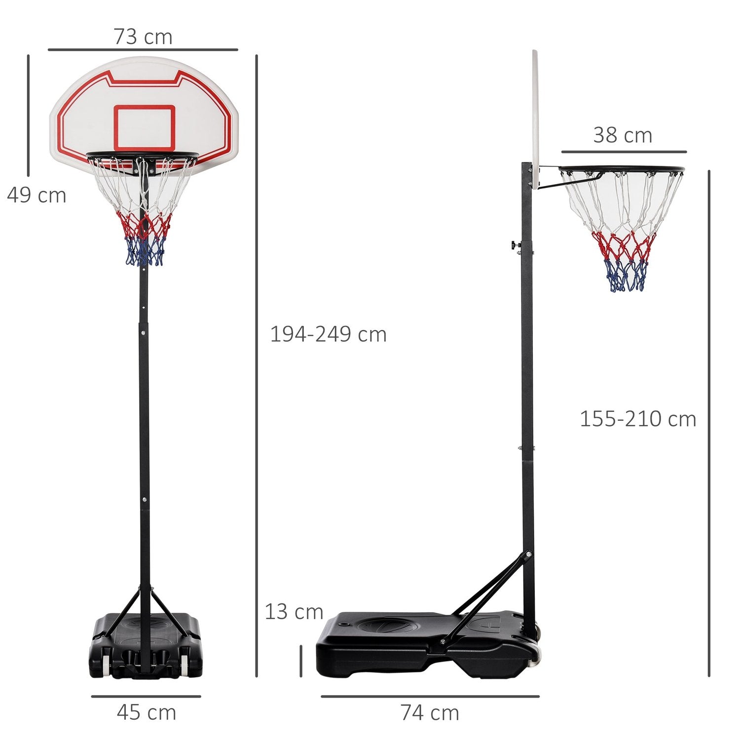 Basketsystem För Barn Rullbar Höjd Justerbar 194-249 Cm Vattenfyllbar Pe Stål Svart