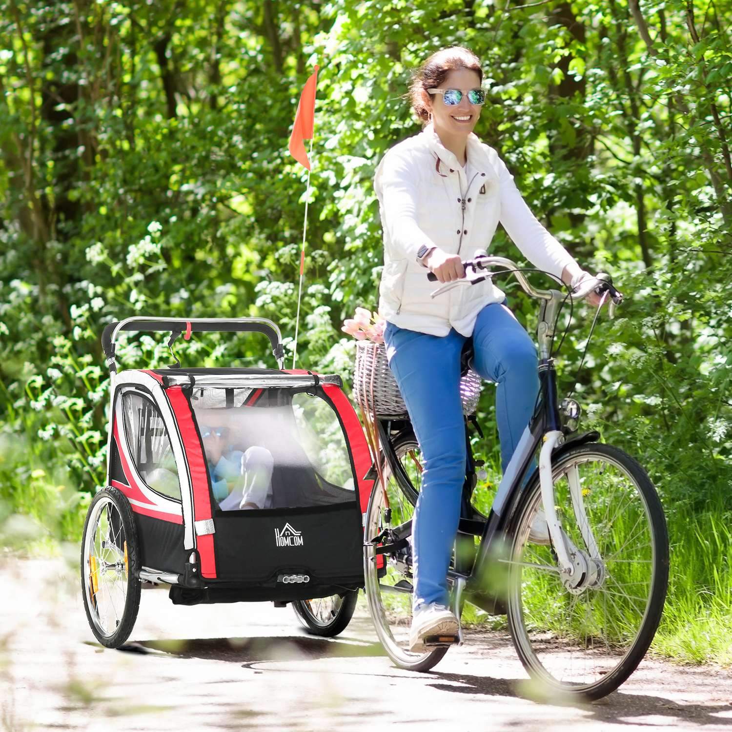 Barncykelvagn 2 I 1 Fjädring, Nätdörr, 360° Roterande Framhjul, Broms, Röd+Svart, 142X75X101Cm