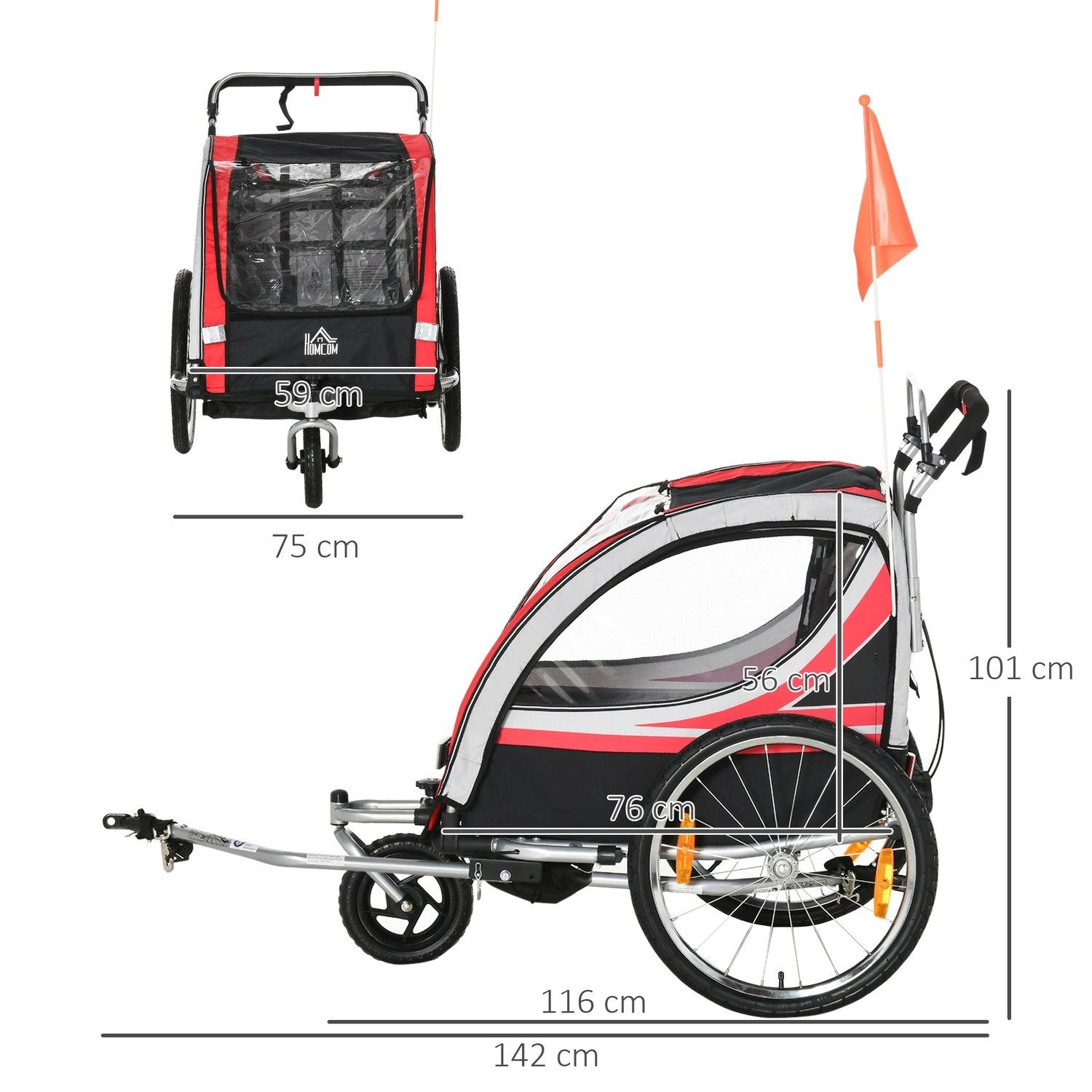 Barncykelvagn 2 I 1 Fjädring, Nätdörr, 360° Roterande Framhjul, Broms, Röd+Svart, 142X75X101Cm