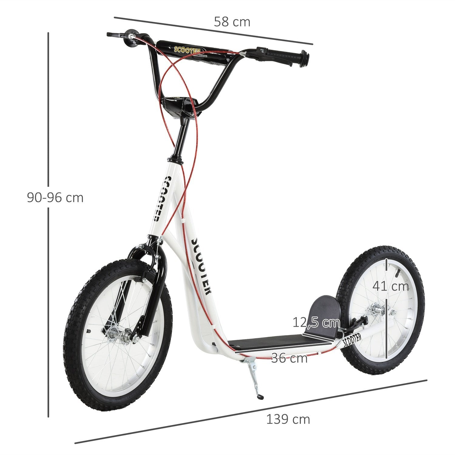 Barnskoter, Stadsskoter, Sparkscooter, Barnsparkbräda Med Pneumatiska Däck Och Handbroms, Skoter, Barn, Vattentät, Hopfällbar Från 5 År, 16 Tum, Vit, 139 X 58 X 90-96 Cm