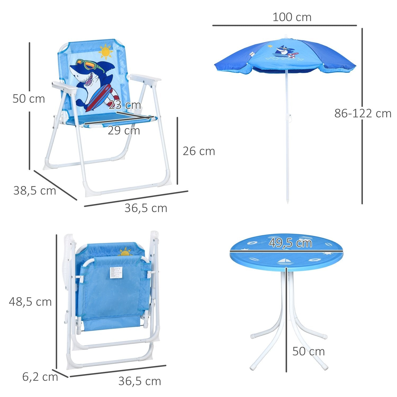 Barnsittgrupp, Campingset, Trädgårdsbord, 2 Hopfällbara Stolar, Parasoll, 3-6 År, Blå