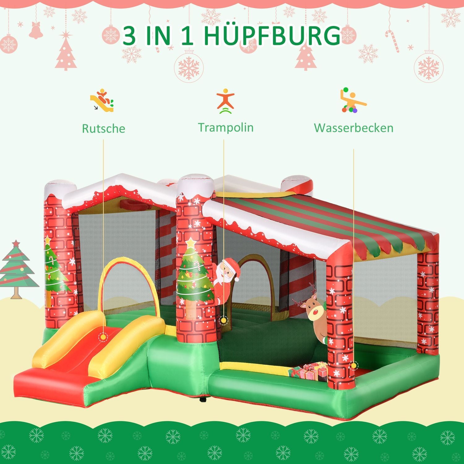 Christmas Uppblåsbar Hoppborg Lek Slottstrampolin Liten Rutschkana För 3 Barn Med Blåsare I 3-8 År Röd + Grön