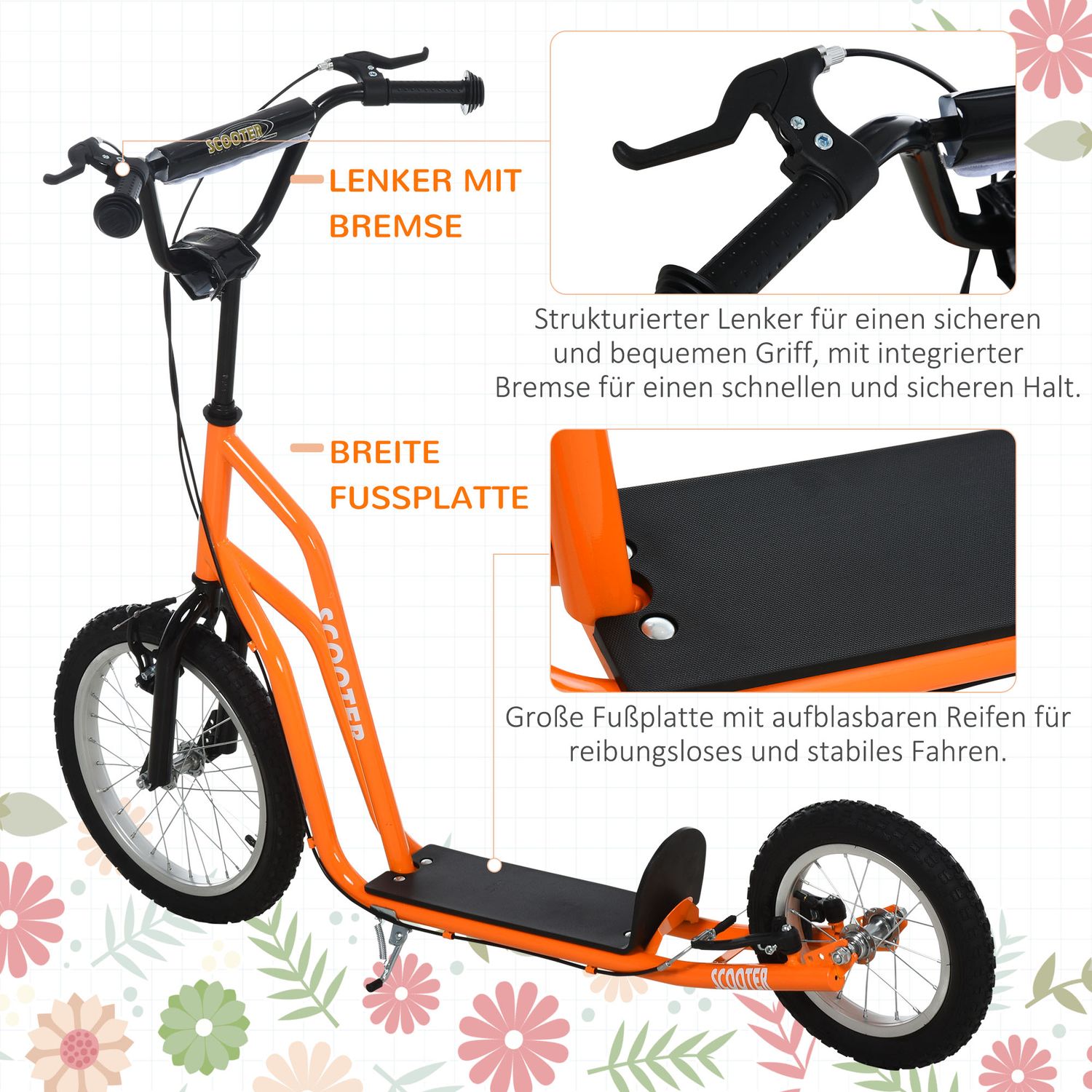 Cityscooter för barn, luftdäck, orange, 16/12 tum