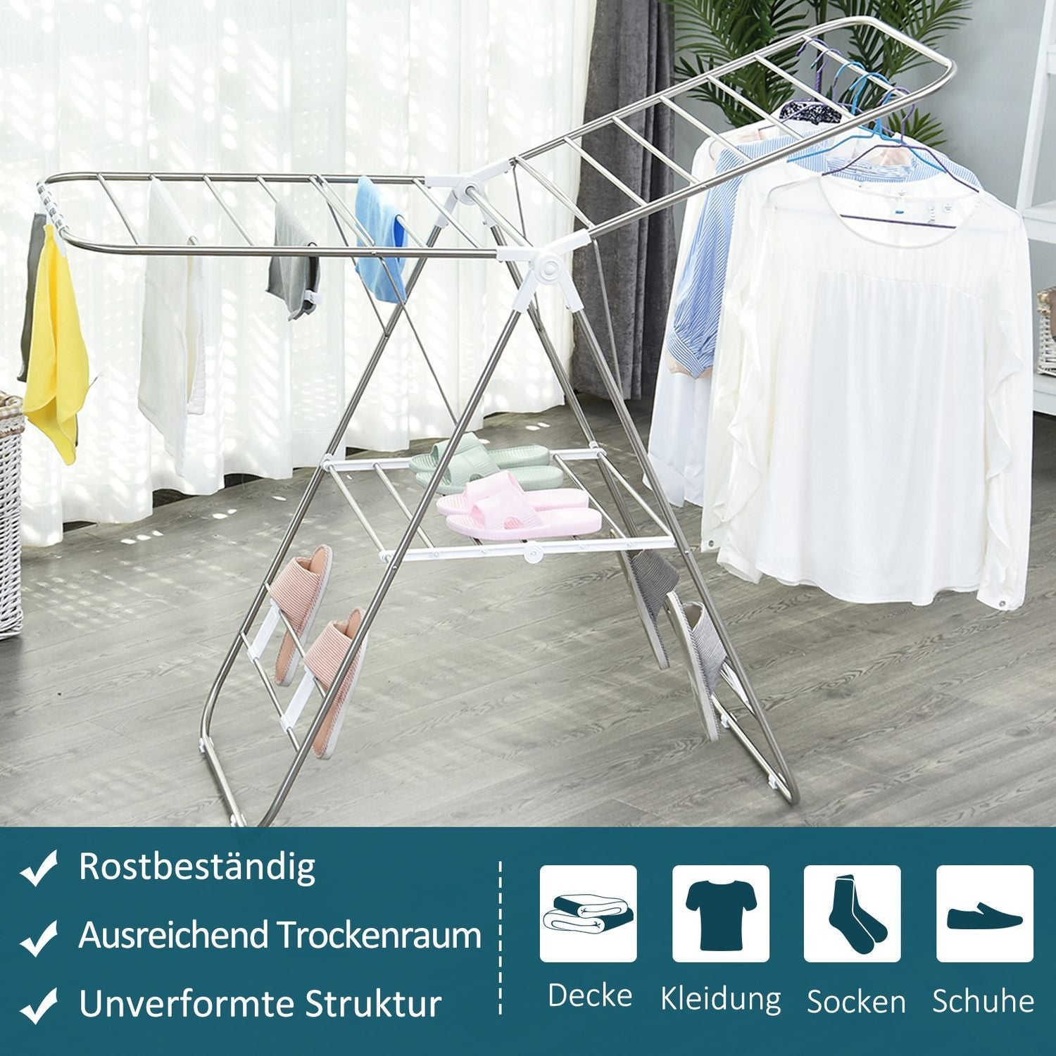 Clothes Airer Vikbar Bärbar Wing Tork Teleskopstänger Rostfritt Stål Plast Silver + Vit 146X60.5X98Cm