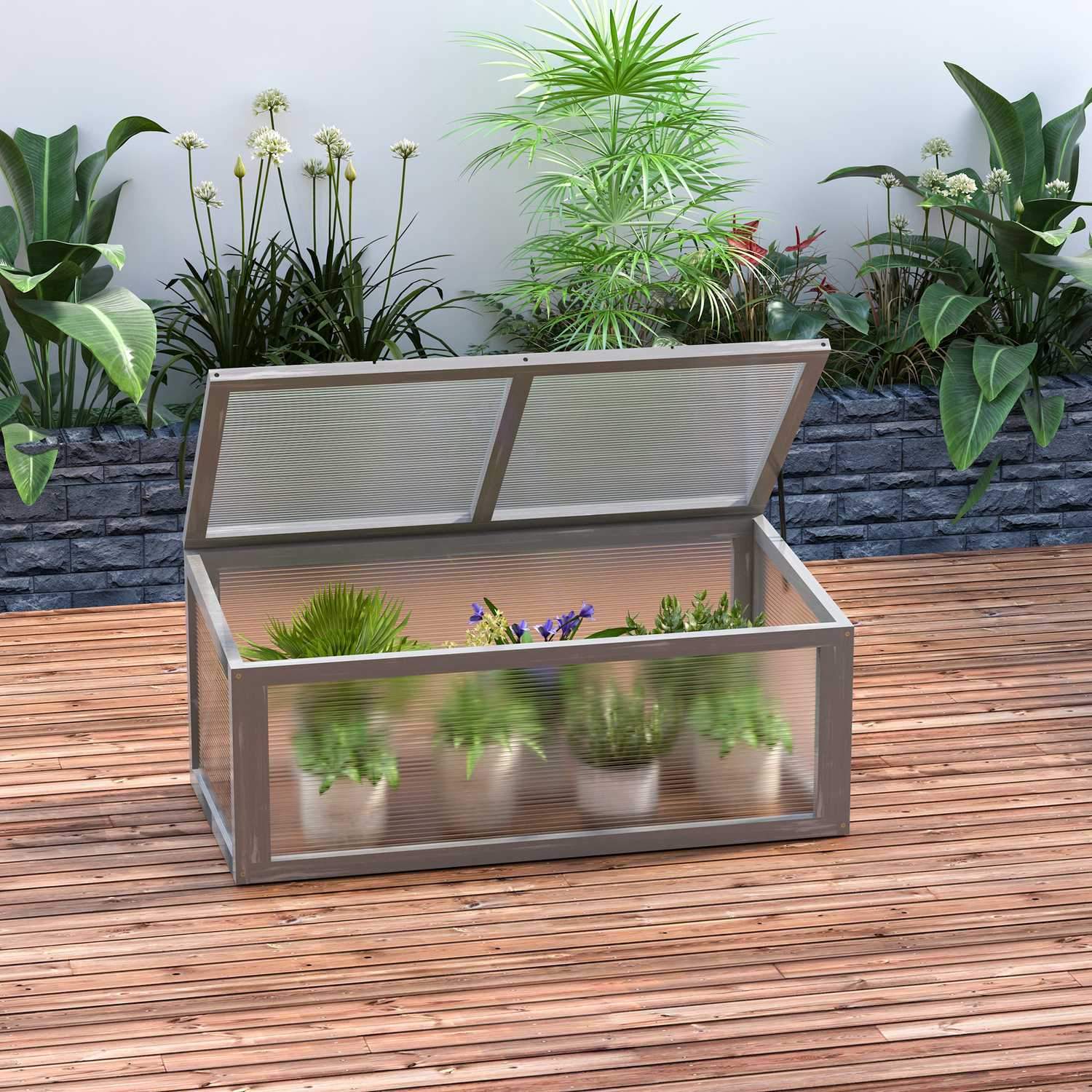 Cold Frame Växthus Med Lock, Väderbeständig, Tillverkad Av Trä Och Polykarbonat, Grå, 90X46X40Cm