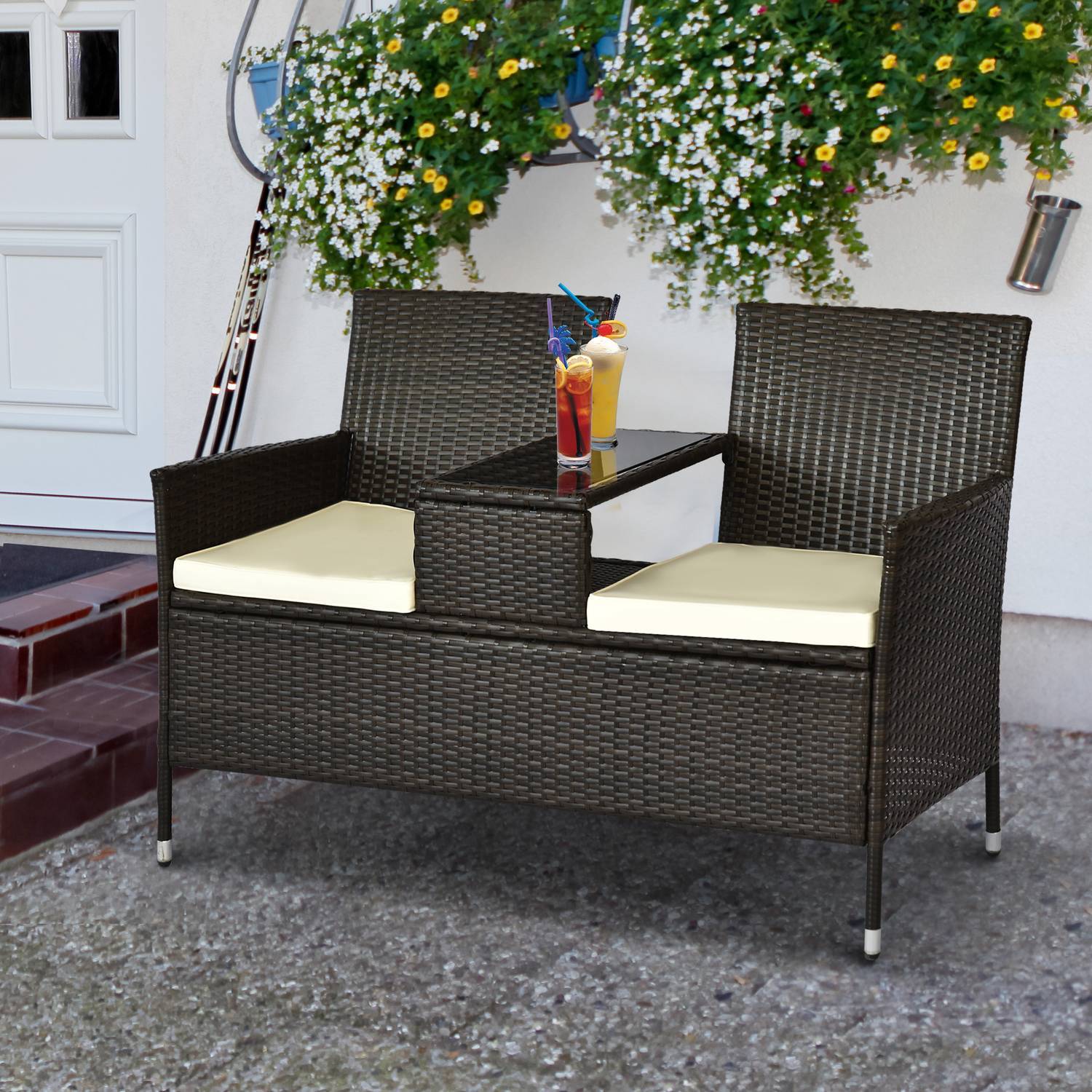 Polyrattan Bänk 2-Sits Bord Trädgårdsbänk Stålstomme Brun B133Xd63Xh84Cm