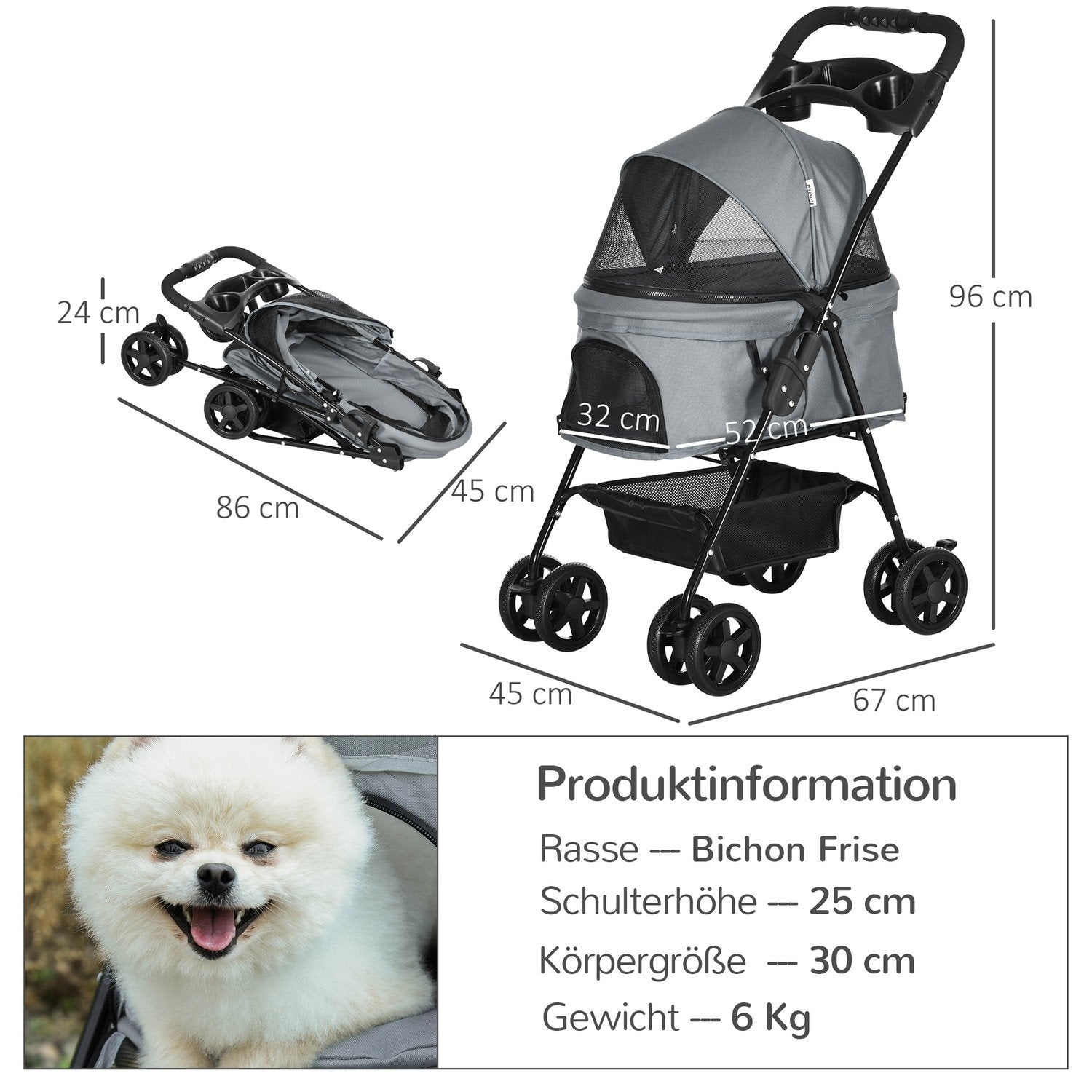 Dog Cart Hundvagn Med Hopfällbar Funktion Husdjursvagn För Små Hundar Och Katter Pet Cart Cat Buggy Oxford Grå 67 X 45 X 96 Cm