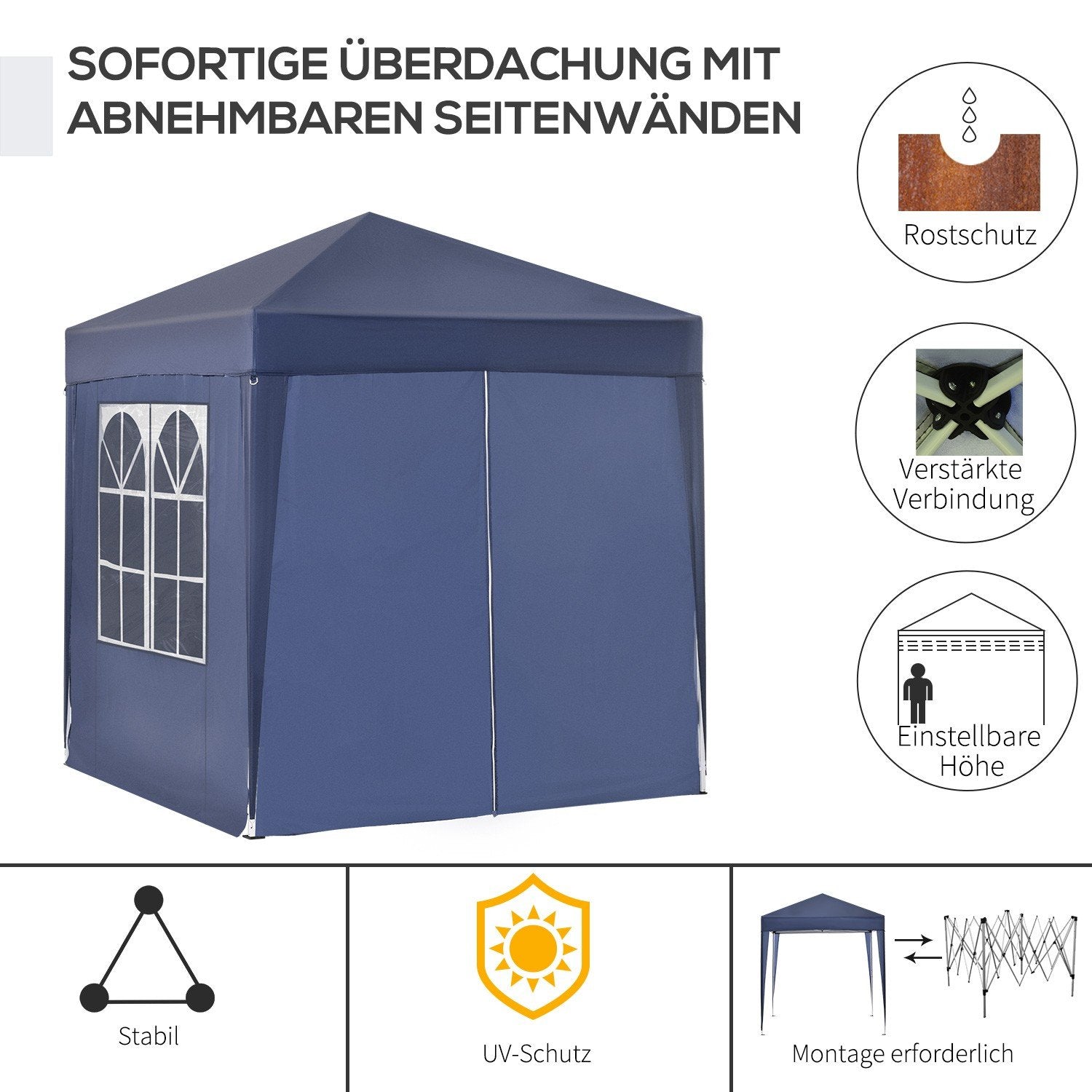 Gazebo 2X2M Hopfällbart Lusthus 4 Sidoväggar Med Fönsterdörr Med Dragkedja Trädgårdstält Inklusive Pinnar Guy Rep Metall Oxford